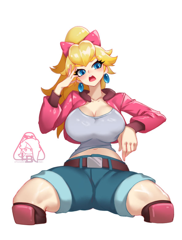 1girls, alternate costume, belt, blonde hair, blue eyes, breasts, cleavage, denim, denim shorts, earrings, female, jacket, jacket open, large breasts, little blood, long hair, manspreading, mario (series), mario kart, mario kart world, navel, nintendo, official alternate costume, open jacket, open mouth, pink jacket, princess peach, princess peach (touring), shorts, simple background, solo, solo female, solo focus, spread legs, tank top, tongue, white background, white tank top