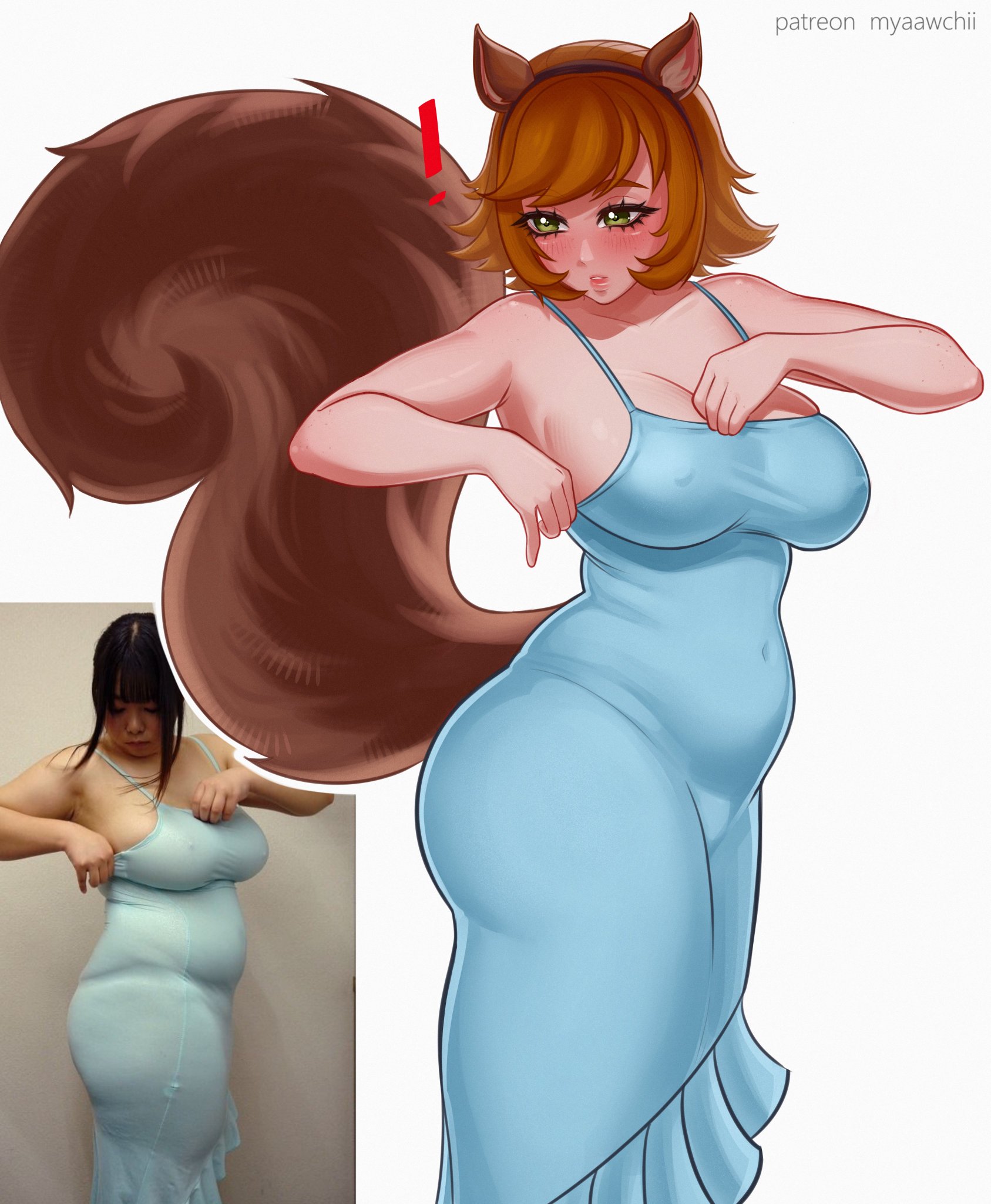 2d, adjusting dress, ass, belly, big breasts, blue dress, breasts, chubby, chubby female, doreen green, large breasts, marvel, marvel rivals, myaawchii, nipple bulge, reference image, sexy, sideboob, sleeveless dress, squirrel girl (marvel rivals), squirrel girl (marvel), thick, thick ass, thick thighs, tight clothes, tight clothing, trend, twitter link