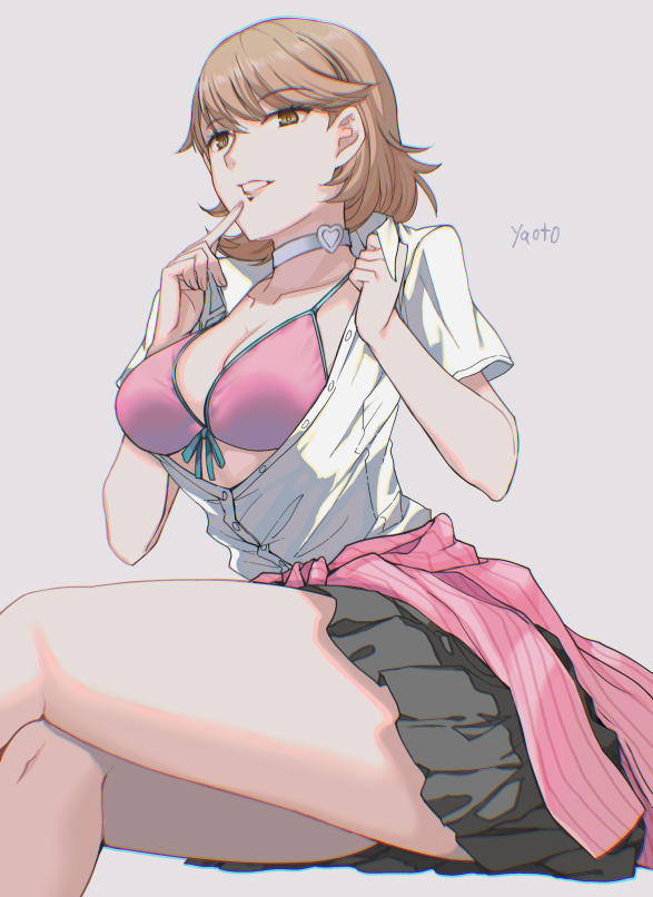 artist name, asian, asian female, atlus, big breasts, bikini top, breasts, brown eyes, brown hair, choker, crossed legs, looking at viewer, megami tensei, open shirt, persona, persona 3, persona 3 reload, shirt, skirt, takeba yukari, yaoto, yukari takeba, yukari takeba (summer uniform), yukari takeba (swimsuit)