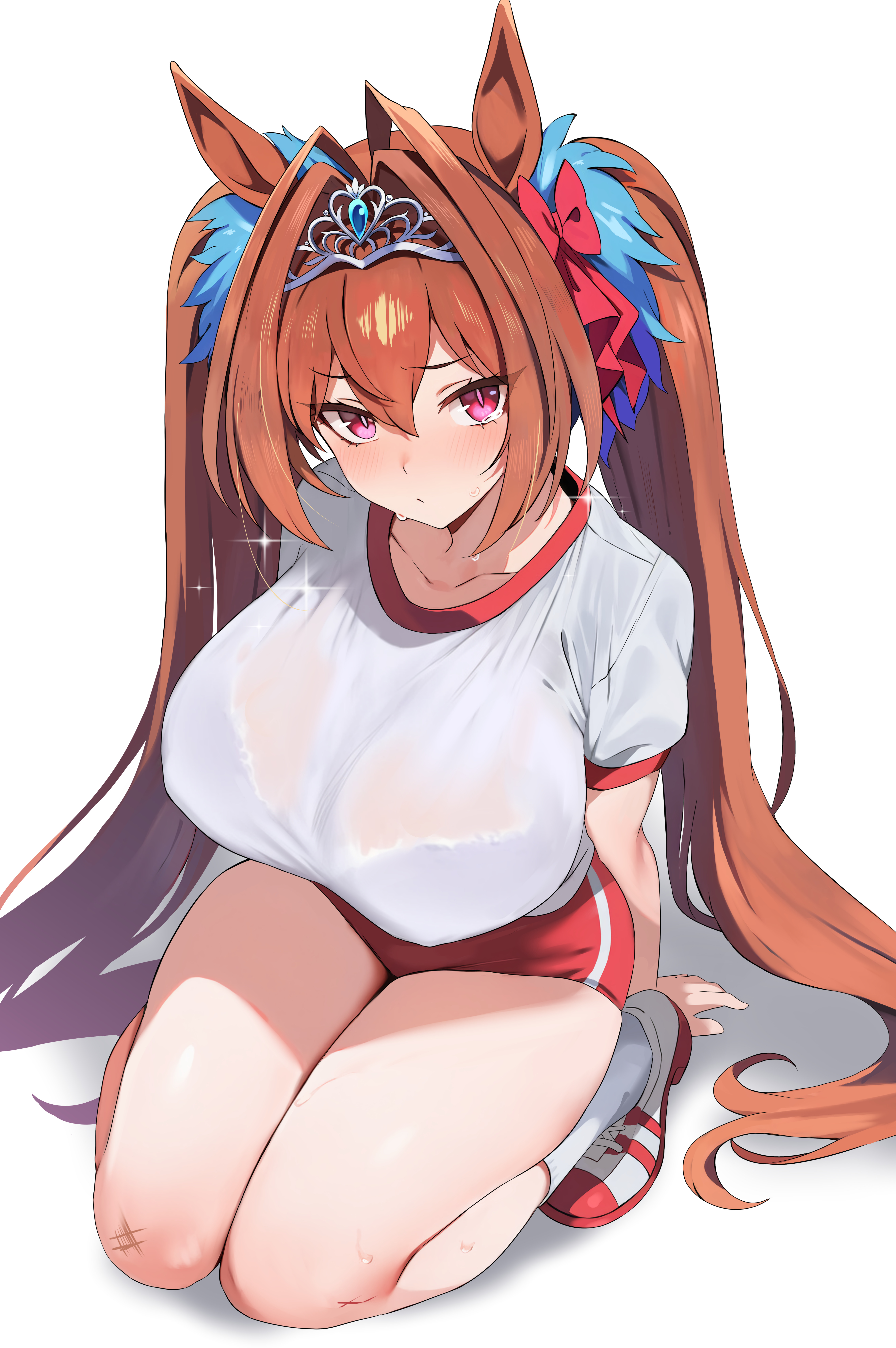 1girl, absurdres, blush, bra visible through clothes, brown hair, daiwa scarlet (umamusume), gym clothes, highres, horse ears, horse girl, horse tail, huge breasts, kneeling, long hair, looking at viewer, red buruma, red eyes, solo, sweat, sweatdrop, sweating, sylph kim, thick thighs, thighs, tiara, umamusume, umamusume pretty derby, very long hair, white shirt