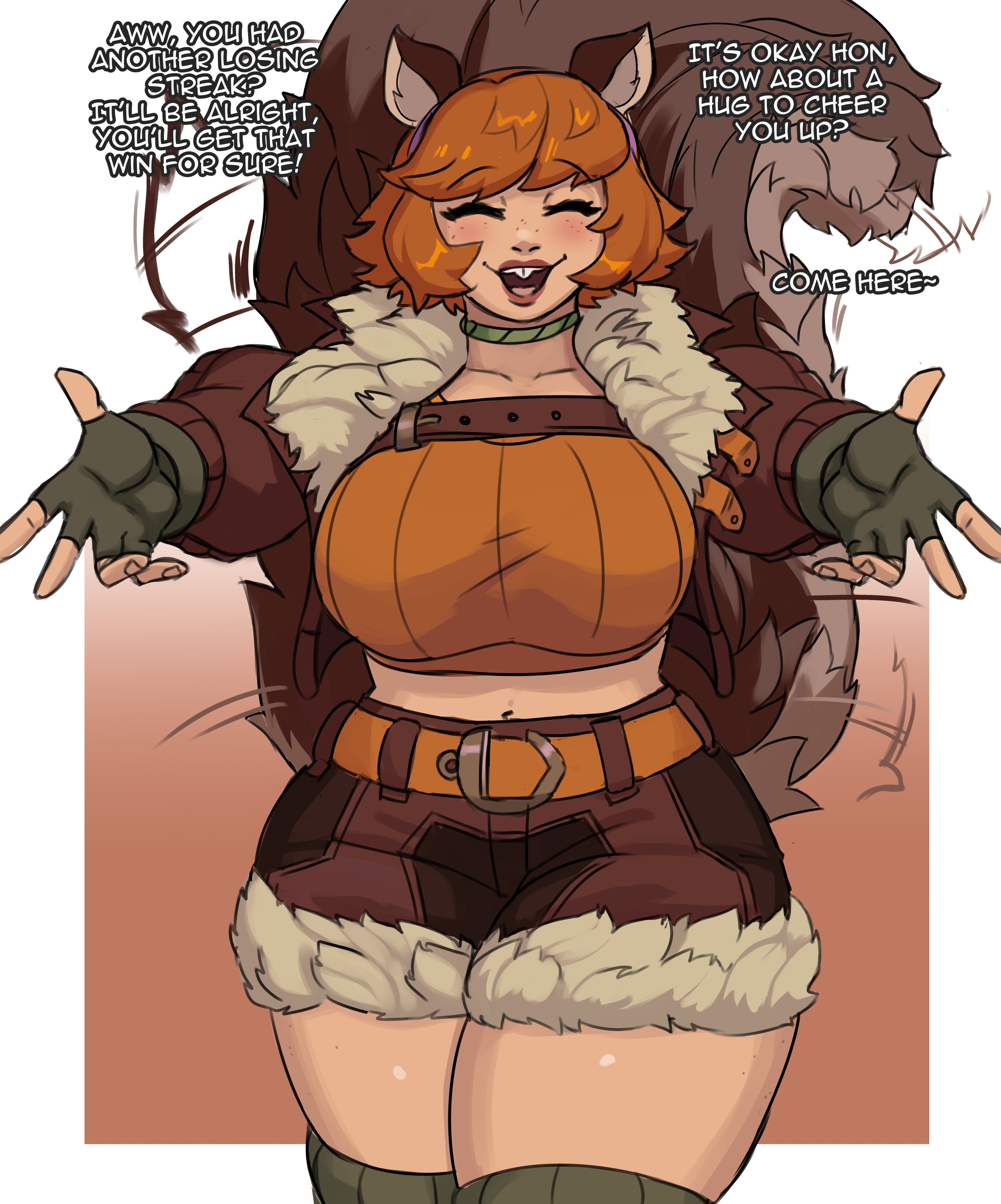 1girls, 2d, big ass, big breasts, chubby, chubby female, female, female only, hugging, hugging viewer, little ddraig, marvel, marvel rivals, offering, offering hug, offering to viewer, pov, solo, squirrel girl (marvel rivals), squirrel girl (marvel), talking to viewer, thick ass, thick thighs, thighs, wholesome