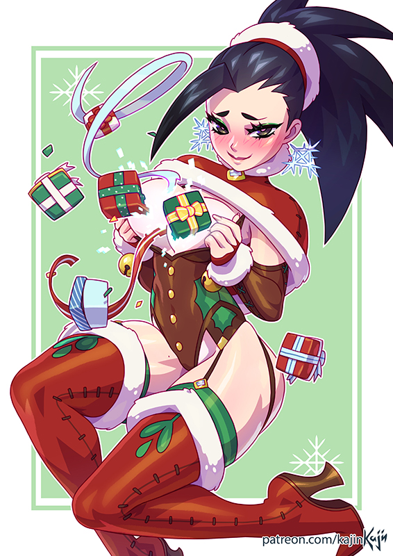 1girls, big breasts, blush, boots, breasts, christmas, cleavage, female, female only, fuck me boots, high heel boots, high heels, kajinman, large breasts, light skin, light-skinned female, looking at viewer, momo yaoyorozu, my hero academia, red heels, red high heels, solo, thighhighs