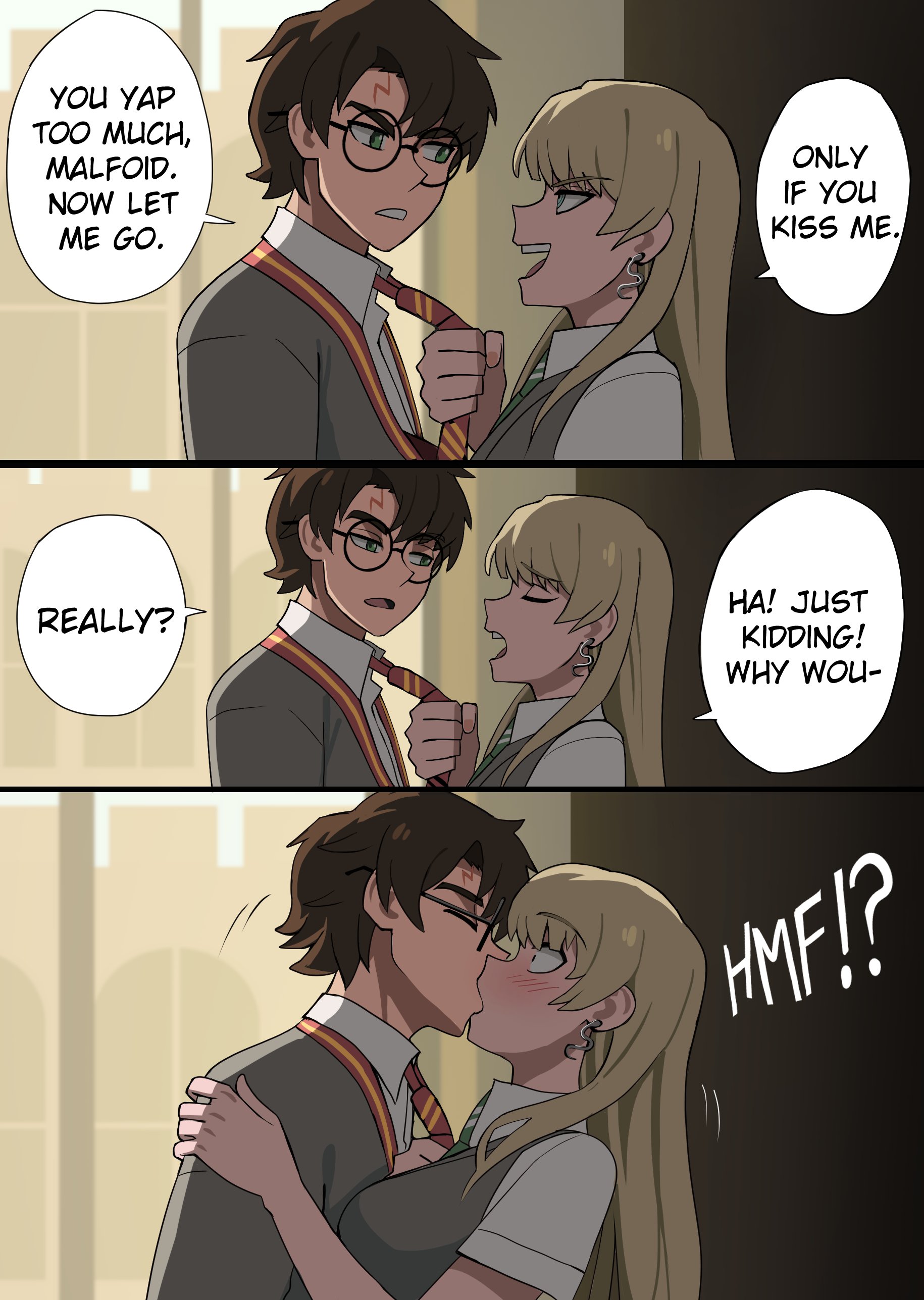 1boy, 1girls, absurdres, blonde hair, breasts, brown hair, closed eyes, clothes grab, draco malfoy, draco malfoy (redteneri), earrings, english text, genderswap, genderswap (mtf), glasses, green eyes, grey vest, harry james potter, harry potter, harry potter (series), hetero, highres, jewelry, jourd4n, kiss, long hair, looking at another, medium breasts, necktie, necktie grab, neckwear grab, open mouth, parted lips, red necktie, round eyewear, school uniform, smile, vest, wizarding world