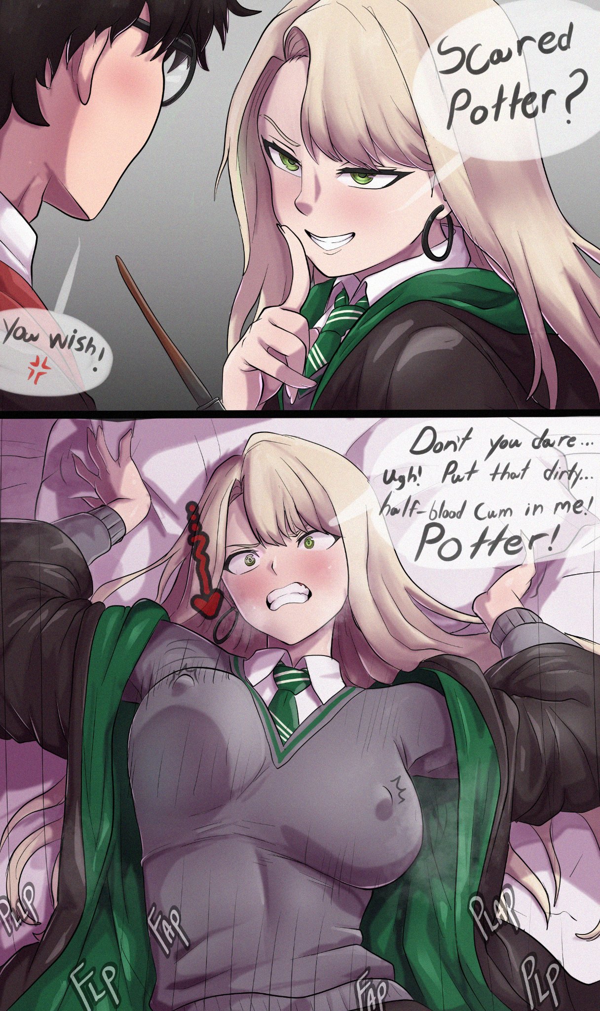 1boy, 1girls, 2d, 2d (artwork), big breasts, blonde female, blonde hair, blush, breasts, clothed, clothing, deabound, dialogue, draco malfoy, draco malfoy (redteneri), earrings, english text, erect nipples, female, genderbend, genderswap, genderswap (mtf), green eyes, harry james potter, harry potter, hi res, hoop earrings, implied penetration, implied sex, large breasts, light skin, light-skinned female, light-skinned male, long hair, male, nipple bulge, offscreen sex, on back, on bed, rule 63, school uniform, speech bubble, text, text bubble