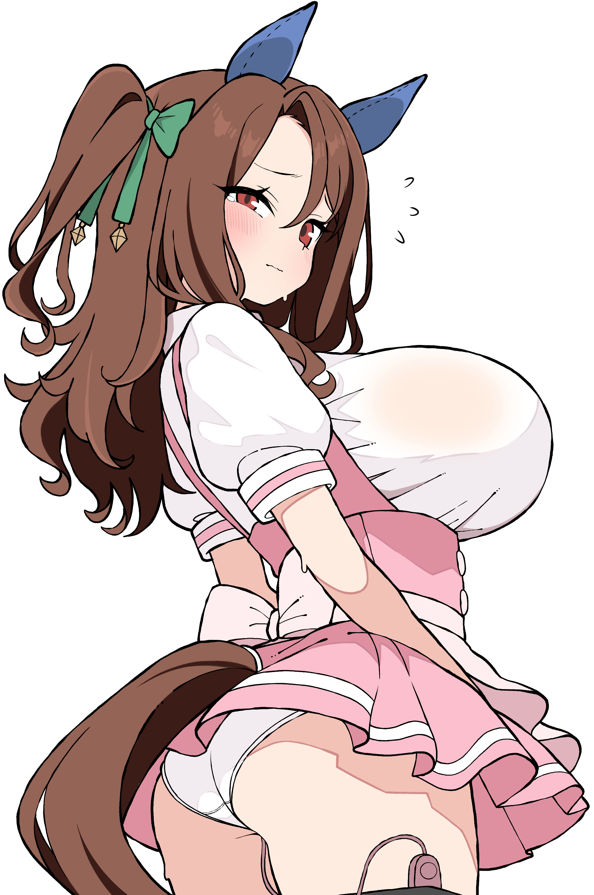 1girl, absurdres, ass, big breasts, blush, breasts, breasts bigger than head, brown hair, busty, butt, closed mouth, curvaceous, curvy, enormous breasts, highres, horse ears, horse girl, horse tail, huge breasts, king halo (umamusume), large breasts, long hair, looking at viewer, microskirt, pink skirt, puchimosu (mosu1427), red eyes, round breasts, sideboob, solo, sweat, sweatdrop, umamusume, umamusume pretty derby, vibrator in thighhighs, vibrator under clothes, voluptuous, white panties, white shirt