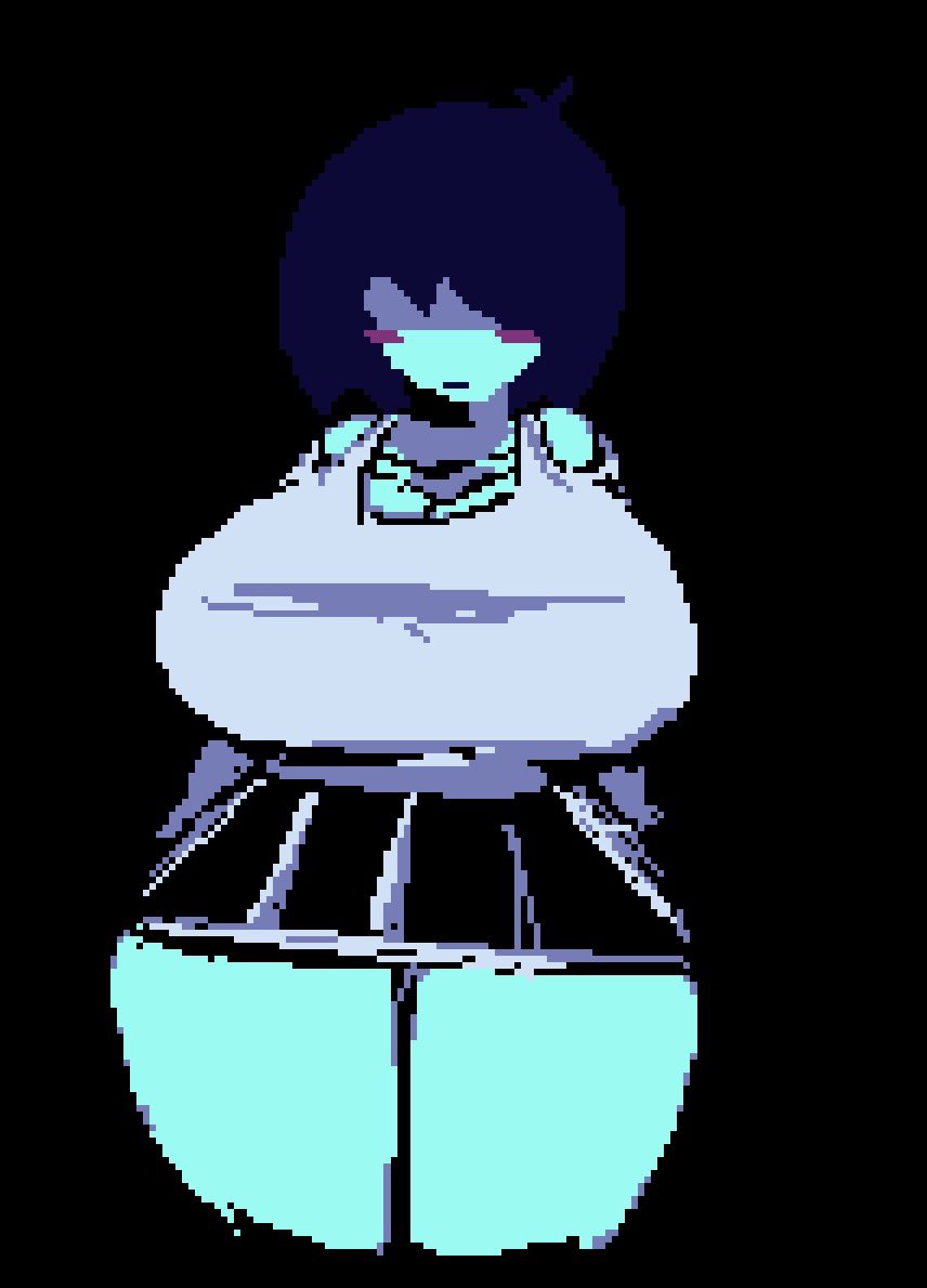 1girls, black skirt, blue body, blue hair, blue skin, blushing, deltarune, hands behind back, huge breasts, kris (dark world form), kris (deltarune), kris female (deltarune), looking down, no eyes, pixel art, skirt, tank top, thick thighs, undertale (series), uun uuni, white tank top