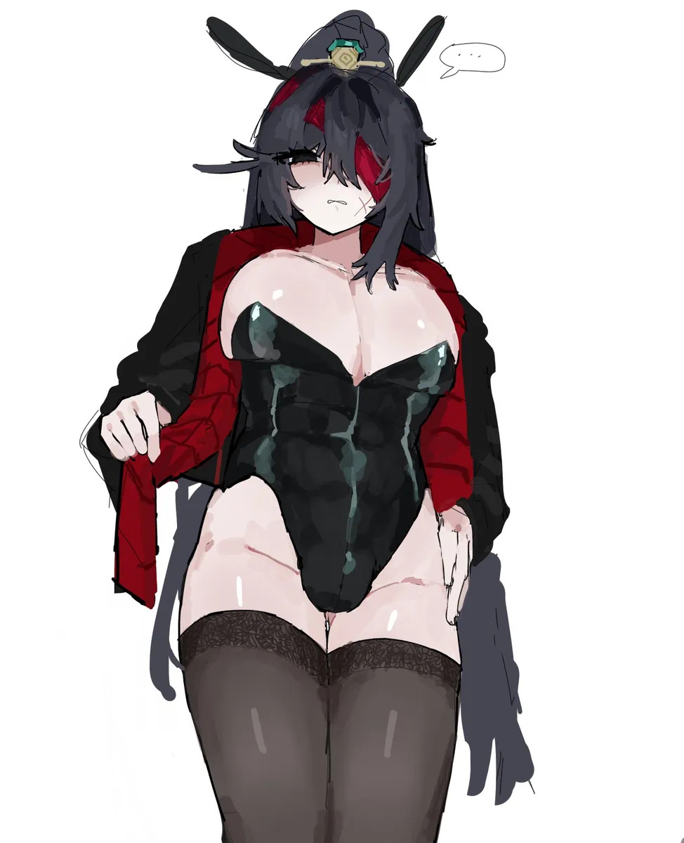 ..., 1boy, 2d, 2d (artwork), 2d art, 2d artwork, bunny boy, bunny costume, bunny ear, bunny ears, bunnysuit, digital art, digital drawing (artwork), digital media (artwork), embarrassed, embarrassed male, eye wraps, feminine male, hand on hip, high quality, high resolution, highres, hong lu (limbus company), hong lu (project moon), honglulove, intricate details, intricate ornament, lifting own clothes, limbus company, missing eye, one eye covered, ponytail, project moon, scar, scar on face, speech bubble, stockings, stockings thigh highs, tagme, thighhighs, thighs