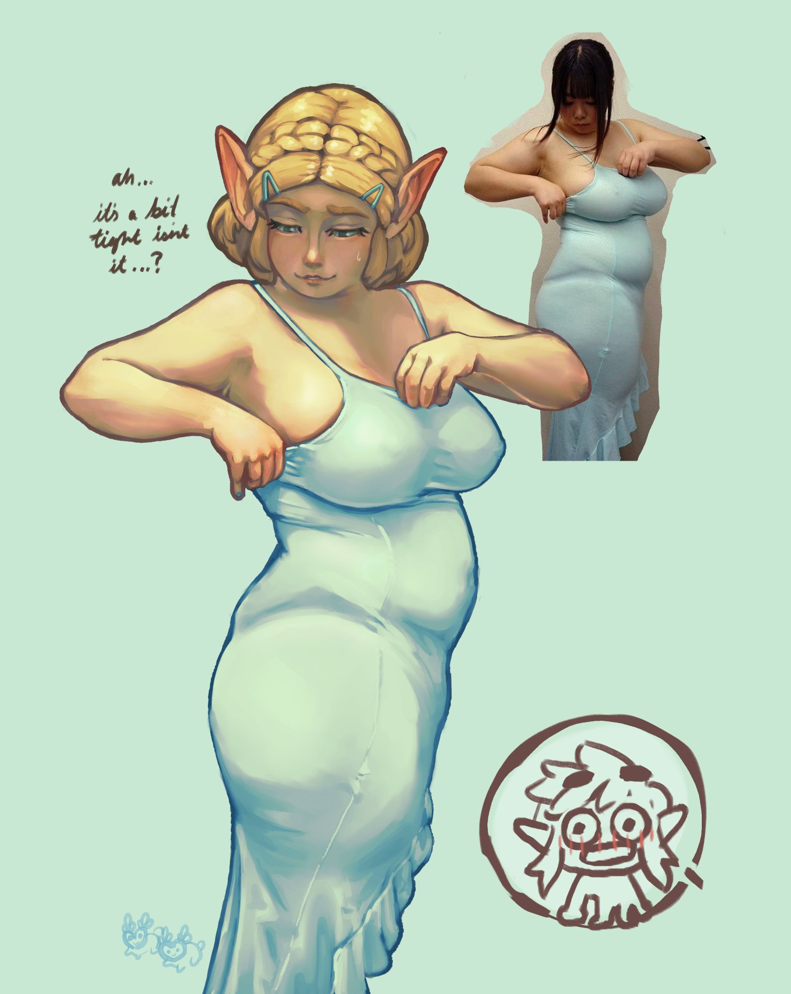 adjusting dress, arms, bare arms, bare shoulders, belly, big breasts, blonde, blonde female, blonde hair, blue background, blue dress, breasts, cantstopdiggi, chubby, chubby female, dress, elf, elf ears, elf female, fantasy, link, link (tears of the kingdom), nipple bulge, pointy ears, princess zelda, reference image, side view, sideboob, sleeveless, sleeveless dress, the legend of zelda, thick, tight clothes, tight clothing, tight dress, trend, zelda (tears of the kingdom)