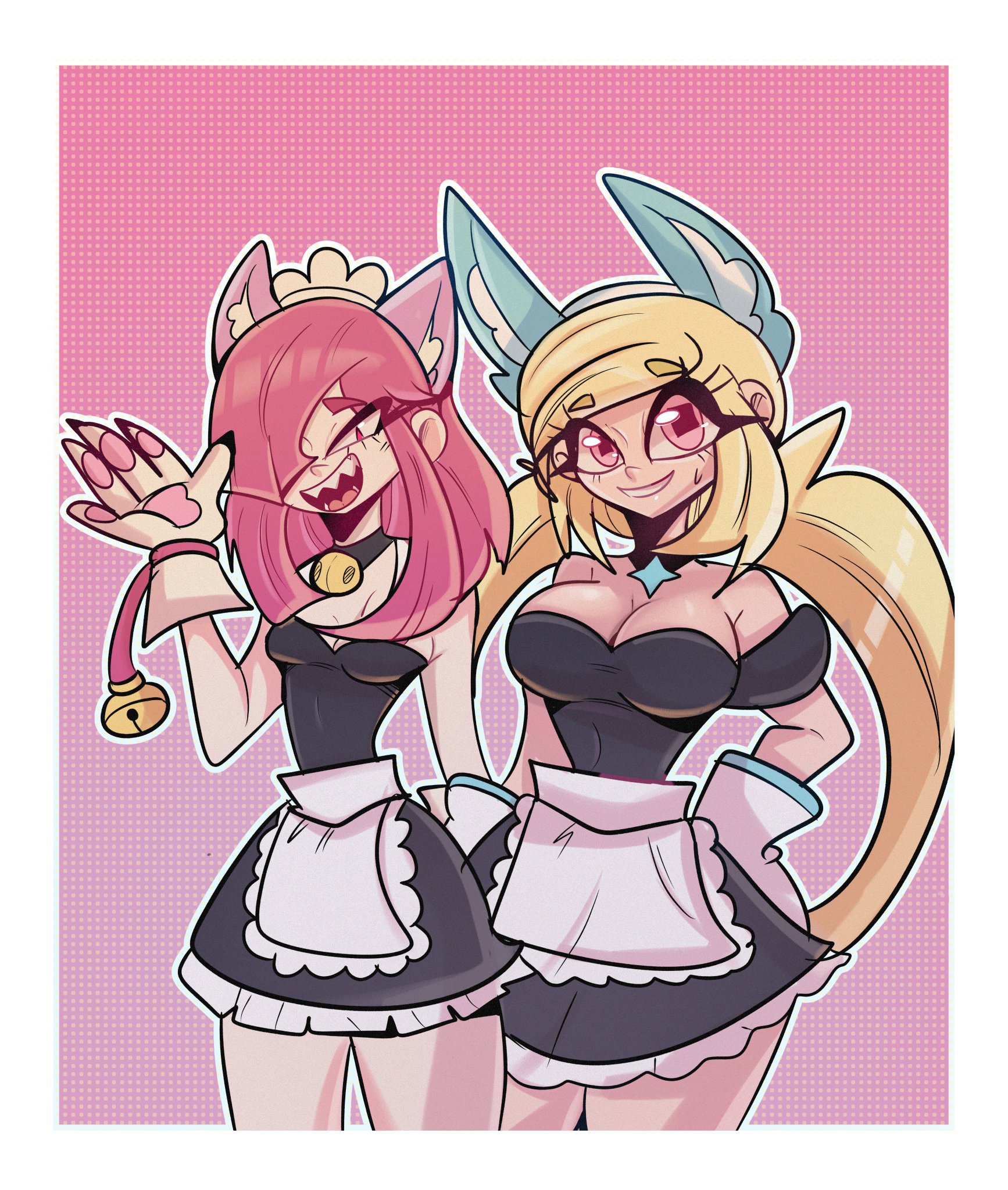2girls, big breasts, black dress, blonde hair, brawl stars, breasts, catgirl, colette (brawl stars), dress, duo, eyelashes, female, female only, frilled apron, frills, gloves, grin, hair over one eye, long hair, maid, nancy (artist), open mouth, paw gloves, pink eyes, pink hair, pinku pawlette, sharp teeth, simple background, small breasts, starr nova (brawl stars), stella (starr nova) (brawl stars), strapless, supercell, teeth, twintails