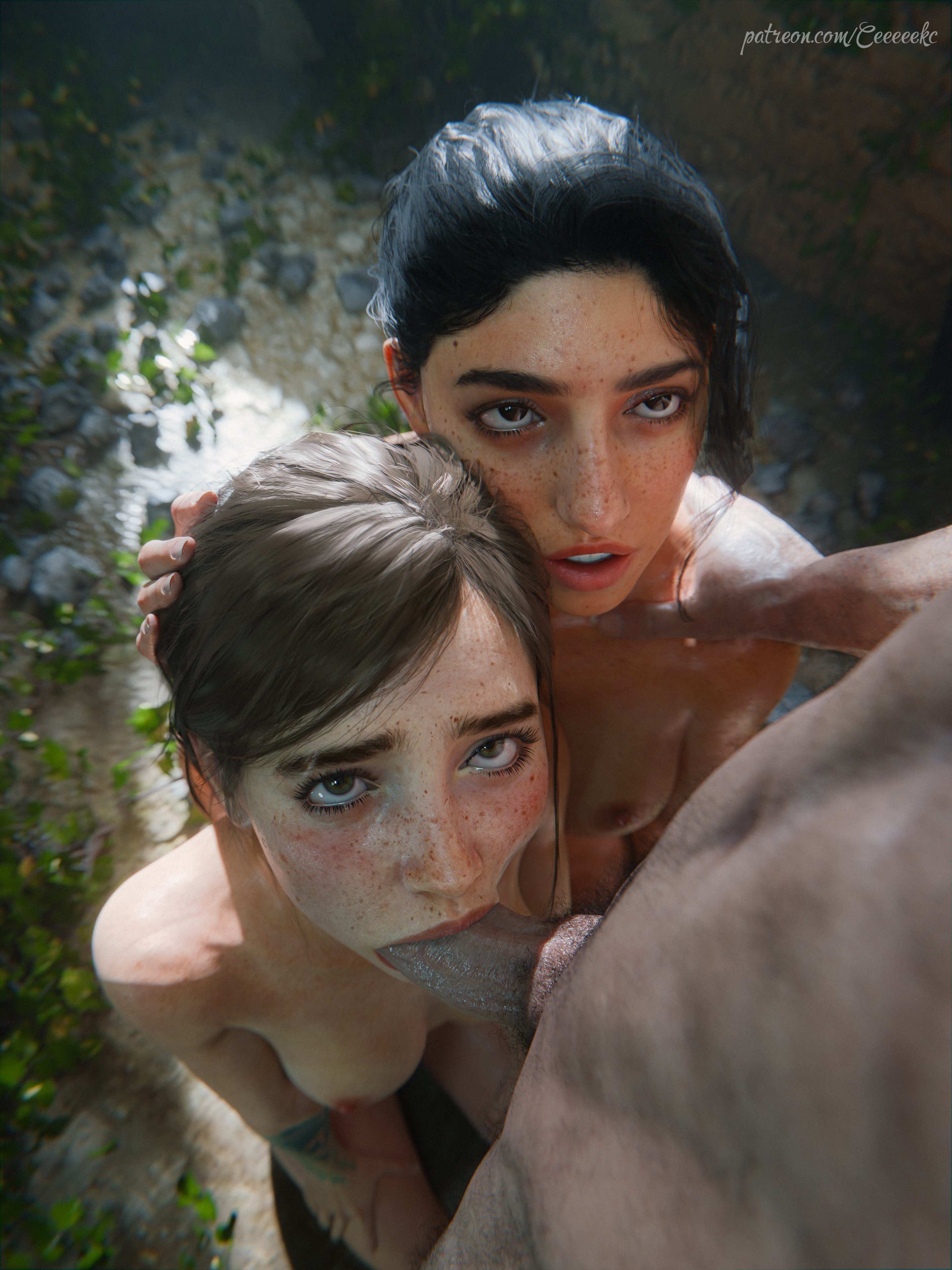 1boy, 2girls, 3d, blowjob, breasts, ceeeeekc, dina (the last of us), ellie (the last of us), ellie williams, fellatio, ffm threesome, freckles, freckles on face, kneeling, light skin, light-skinned female, light-skinned male, naked, naked female, naked male, nipples, nude, nude female, nude male, oral, oral penetration, oral sex, penis, penis in mouth, the last of us 2, threesome