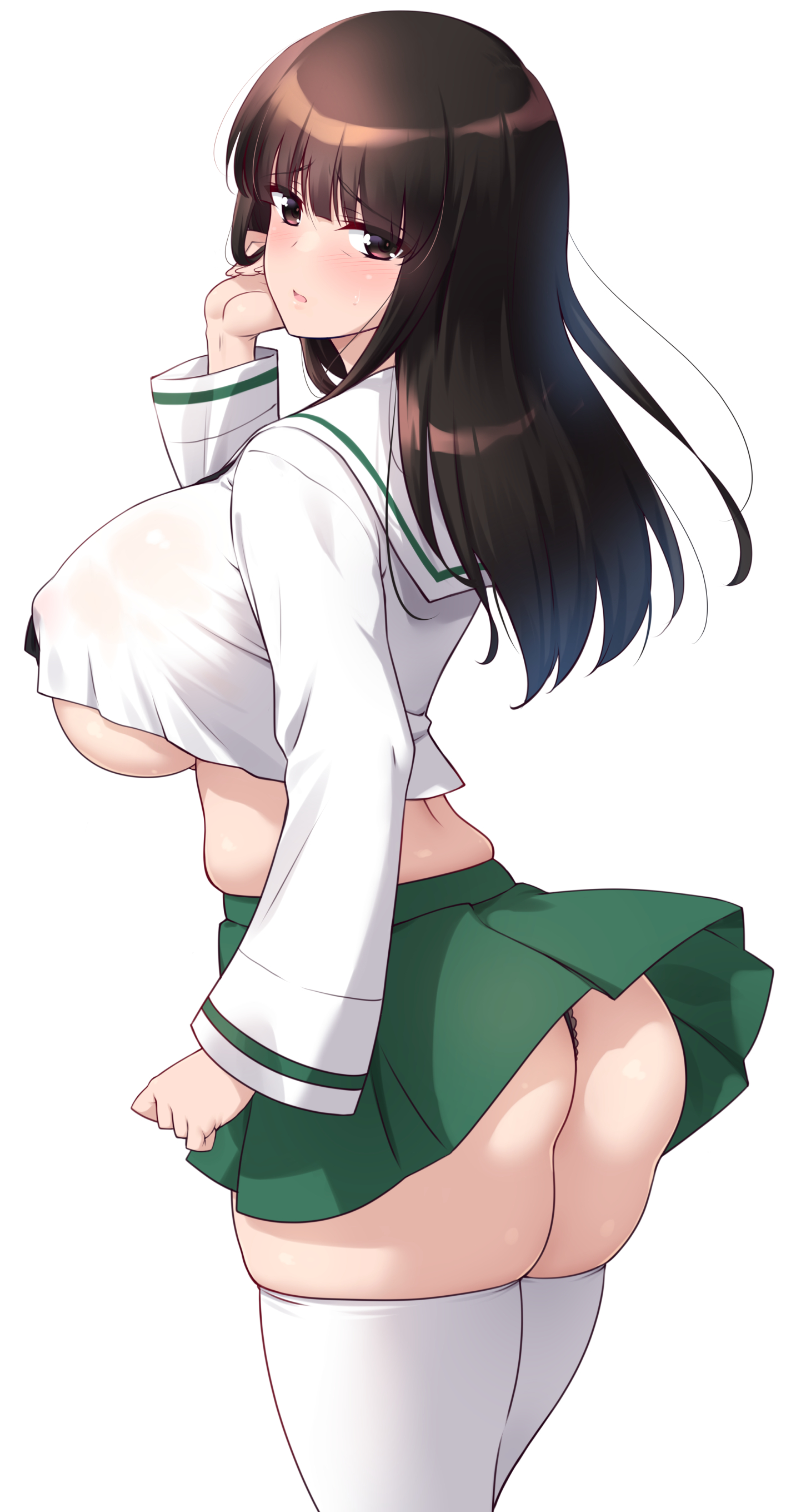 1girls, 2026, 2d, big ass, big boobs, big breasts, big butt, big thighs, blush, breasts bigger than head, brown eyes, brown hair, bursting breasts, female, female focus, female only, gigantic ass, gigantic breasts, gigantic butt, gigantic thighs, girls und panzer, highres, huge ass, huge breasts, huge butt, huge thighs, inconvenient breasts, kuzuryuu kennosuke, light skin, light-skinned female, long hair, looking at viewer, looking back, looking back at viewer, milf, nipples visible through clothing, nishizumi shiho, no bra, ooarai school uniform, sailor shirt, school uniform, see-through, see-through clothes, see-through clothing, small clothes, stockings, sweat, sweat on face, tight clothing, wardrobe malfunction, white background, white stockings, wide hips