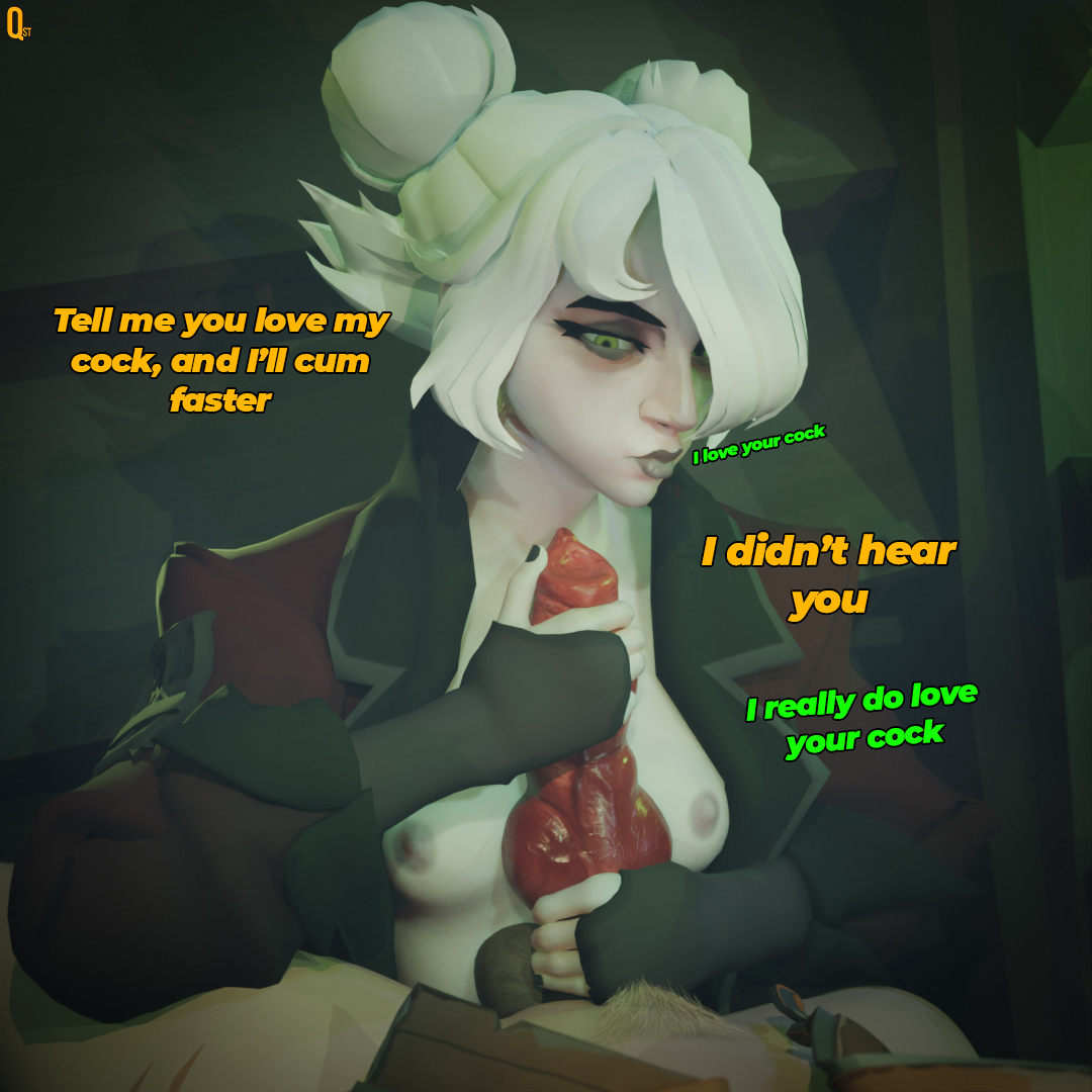 3d, big penis, blender, deadlock, dialogue, futanari, graves (deadlock), green eyes, handjob, knot, nude, nude female, pov, pubic hair, qstt, red jacket, silver (deadlock), tagme, text, uniform, white hair
