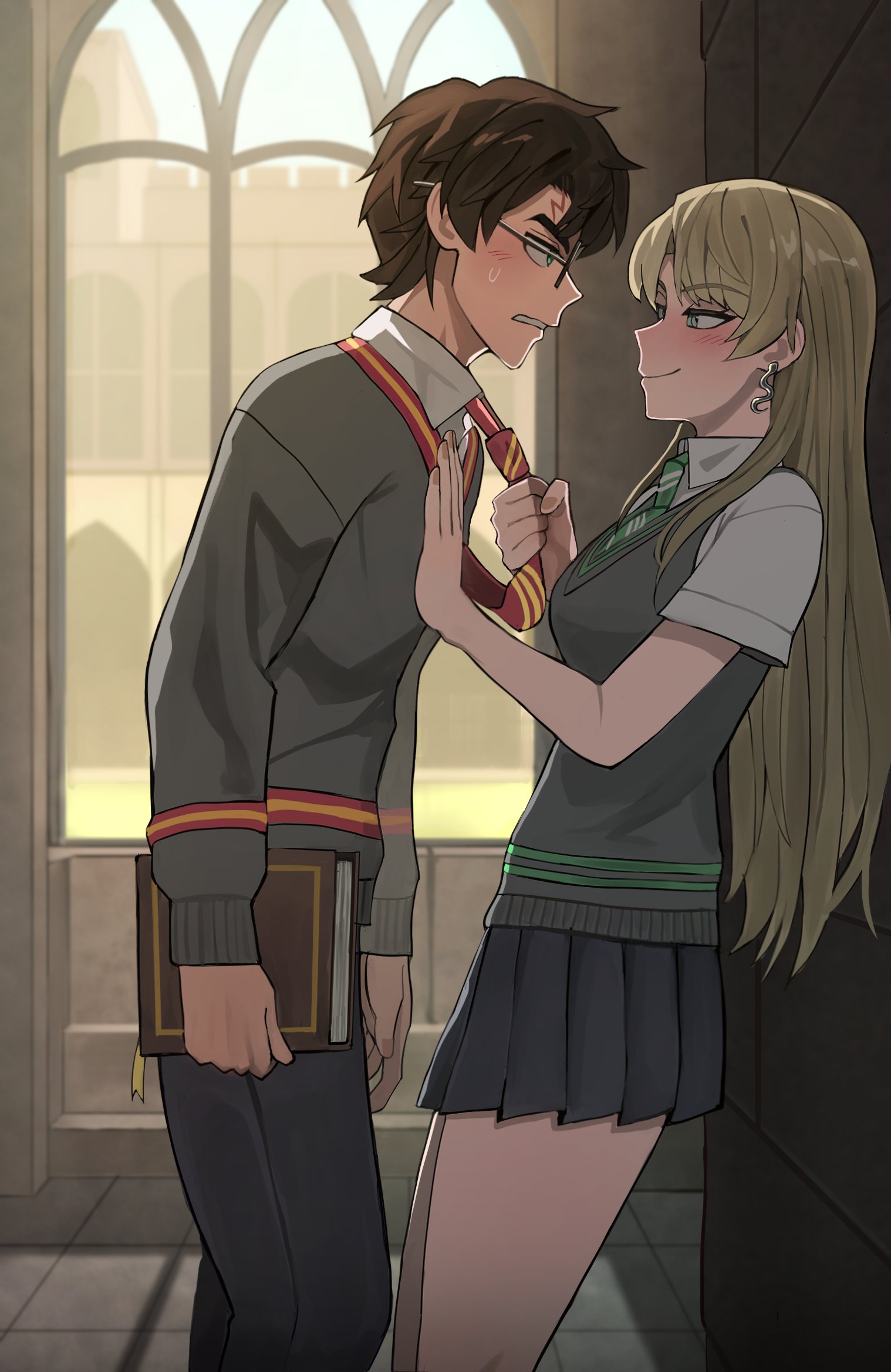 1boy, 1girls, black pants, black skirt, blonde hair, blush, breasts, brown hair, clenched teeth, closed mouth, clothes grab, commentary, draco malfoy (redteneri), earrings, english commentary, from side, genderswap, genderswap (mtf), genderswap on non-genderswap, green eyes, green necktie, grey sweater, hand on another's chest, harry james potter, harry potter, harry potter (series), hetero, highres, hogwarts school uniform, jewelry, jourd4n, long hair, looking at another, medium breasts, necktie, necktie grab, neckwear grab, pants, red necktie, school uniform, shirt, short hair, skirt, smile, sweatdrop, sweater, teeth, white shirt, wizarding world