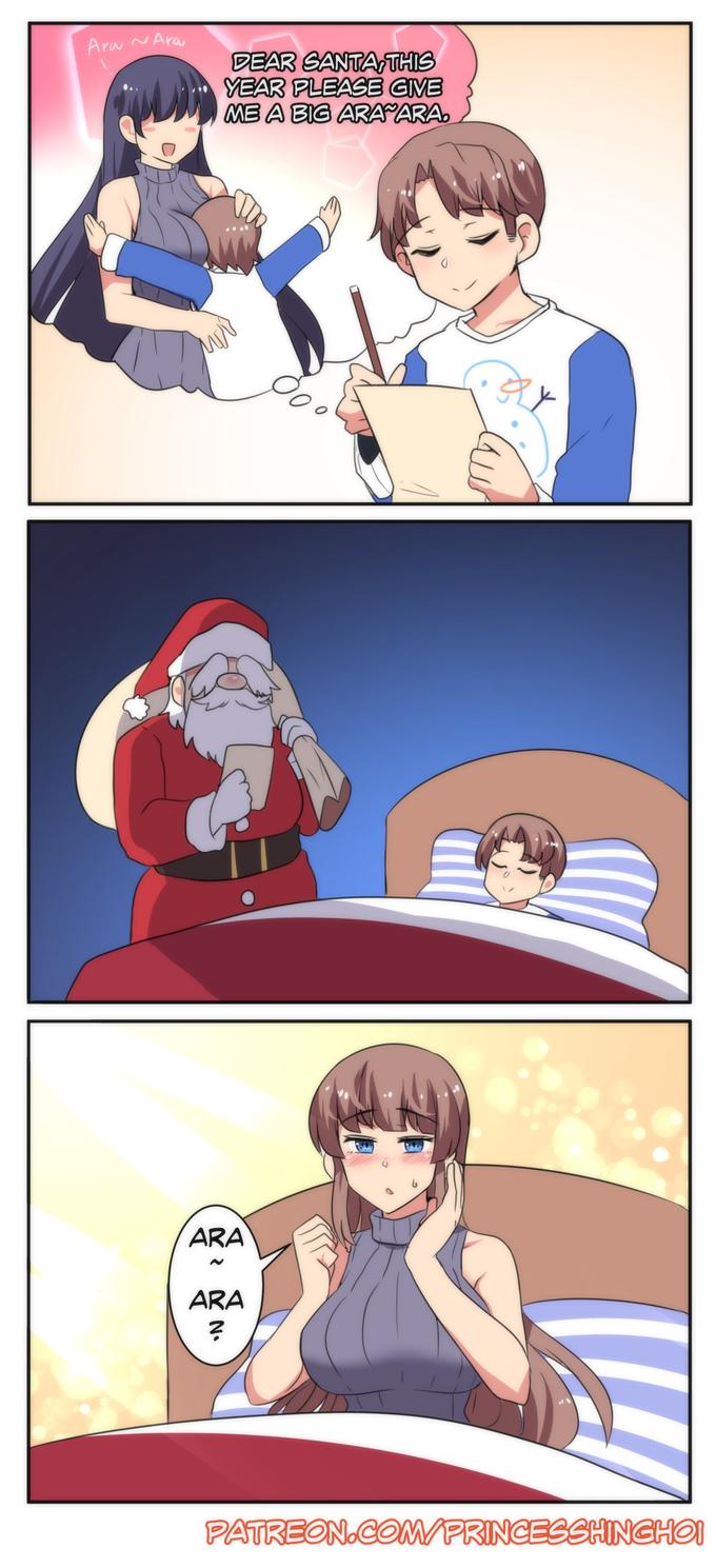 age progression, ara ara, breast expansion, breast growth, breast growth (enlargement), breasts, christmas, clothing, comic, english text, female, gender transformation, hair growth, hinghoi, meme, milf, mtf transformation, on bed, santa claus, transformation, wish