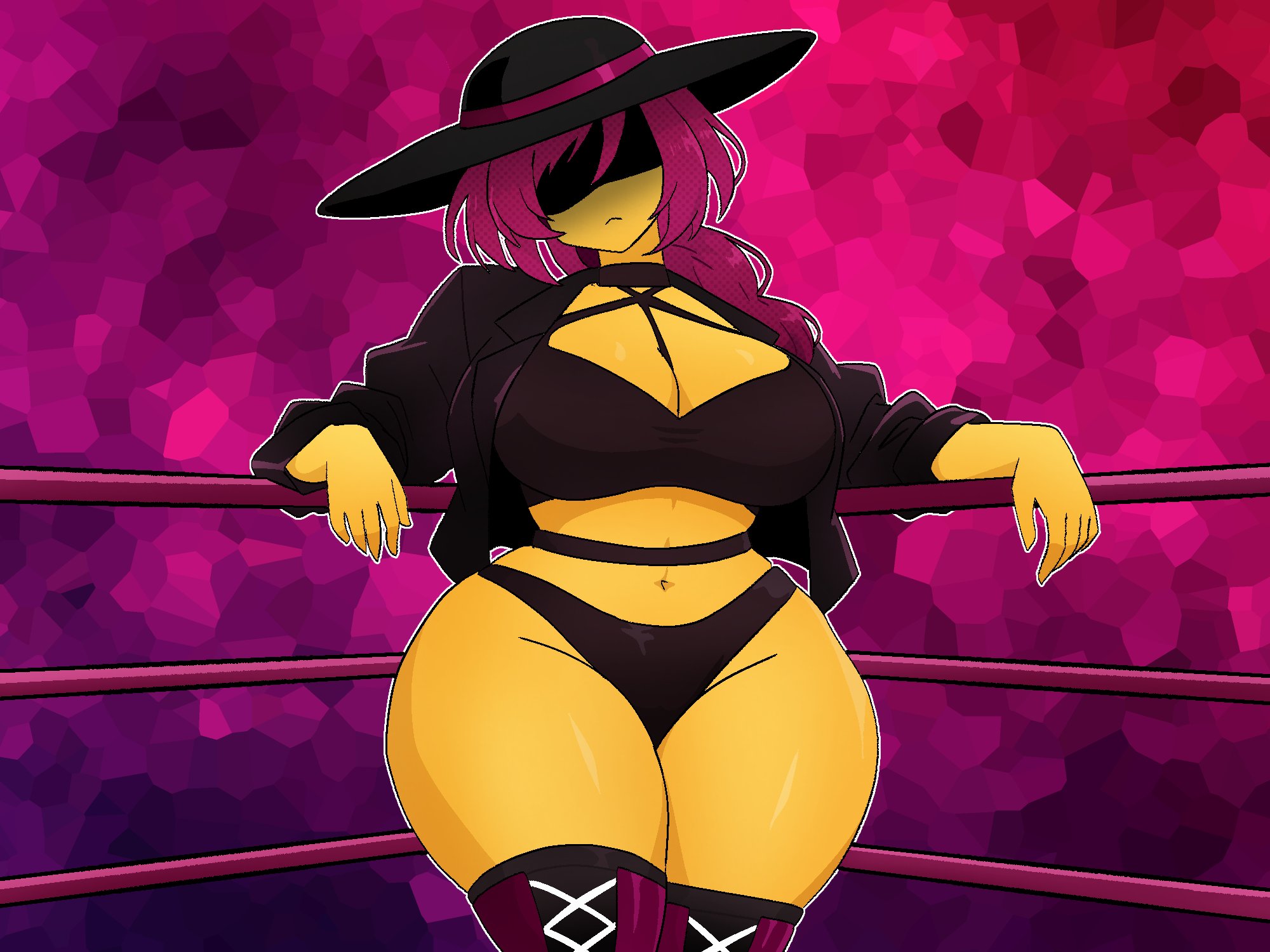 1girls, alternate universe, artist request, big breasts, boots, breasts, cleavage, clothed, female, forsaken (roblox), hat, hourglass figure, hourglass figured female, jacket, jane doe (forsaken), jane doe (roblox), large breasts, midriff, navel, open jacket, panties, ponytail, purple hair, roblox, roblox game, rope, shaded face, small waist, solo, solo female, solo focus, tagme, tagme (artist), thick thighs, thighhighs, thin waist, thong, wide hips, wrestling ring, yellow skin