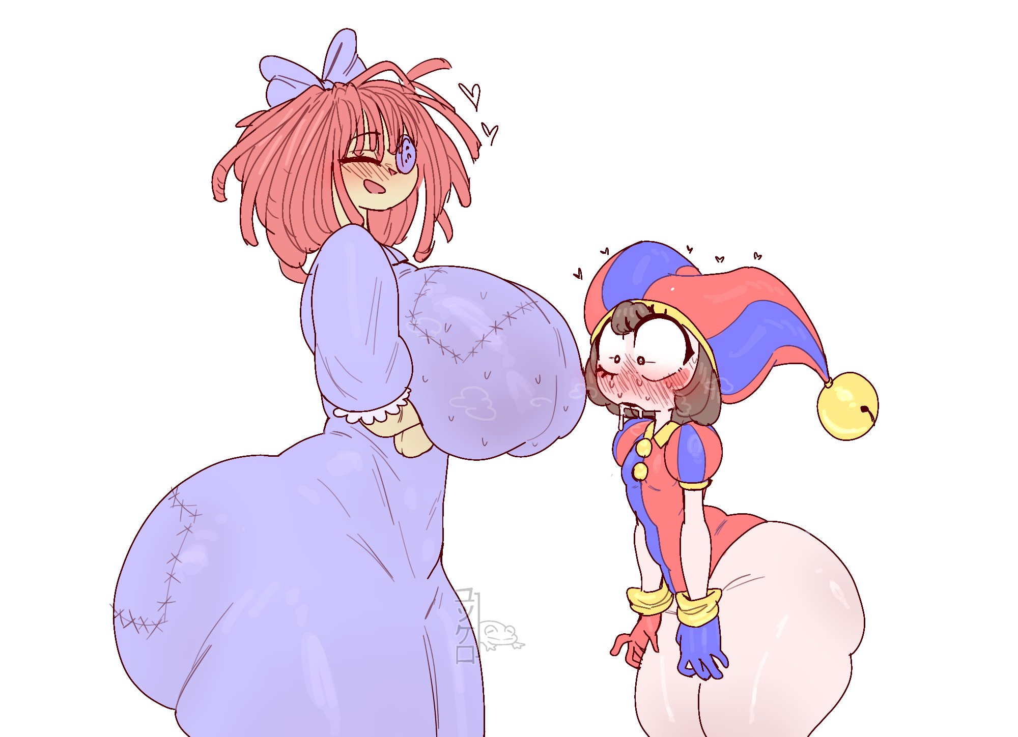 2d, 2girls, alternate body type, alternate breast size, arms under breasts, artist request, big, big ass, big breasts, blushing, blushing female, clothed, crossed arms, drool, drooling, heart symbol, hearts around head, leotard, pawg build, pomni (the amazing digital circus), ragatha (the amazing digital circus), red hair, smiling, staring, staring at breasts, the amazing digital circus, thick ass, thick thighs, wide hips, yuri