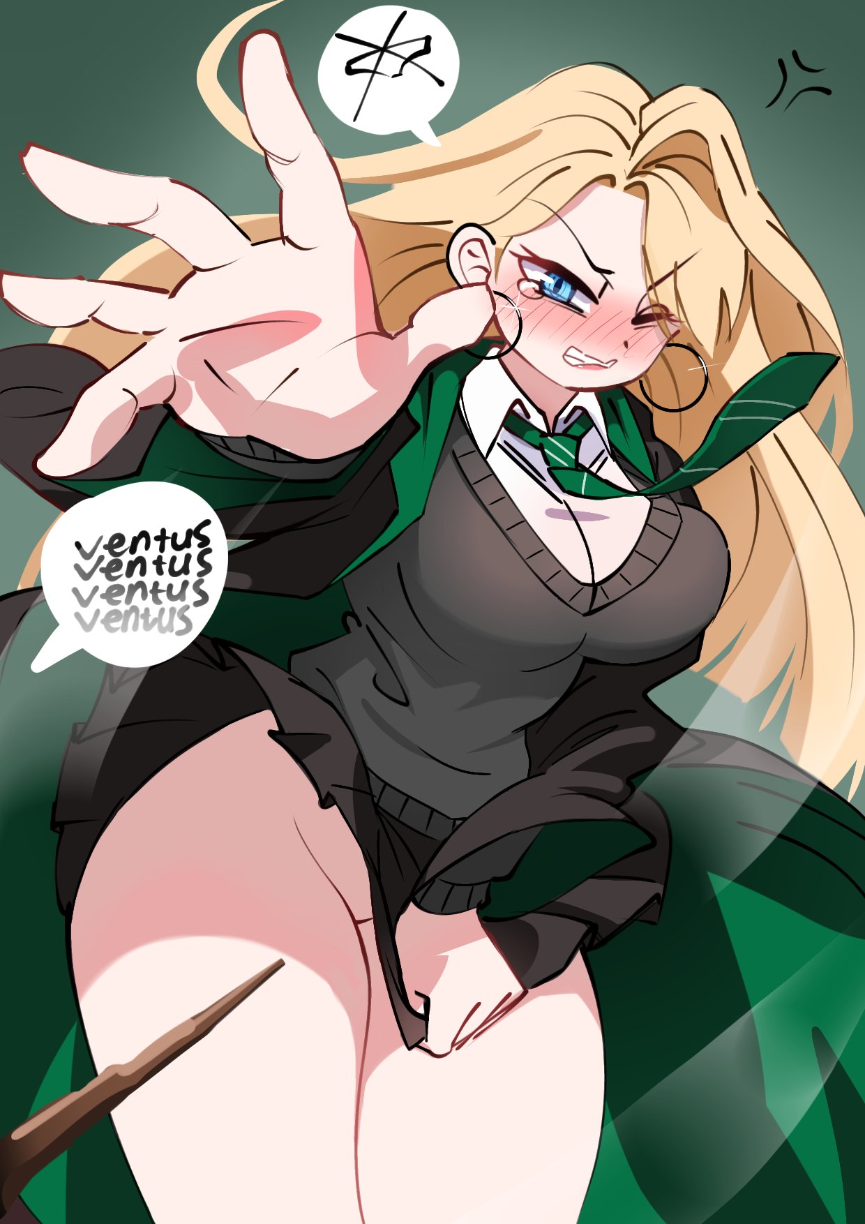 1girls, artist request, breasts, draco malfoy, draco malfoy (redteneri), female, female focus, female only, genderswap, harry potter, large breasts, light skin, light-skinned female, looking at viewer, rule 63, solo, thick thighs, thighs, wide hips