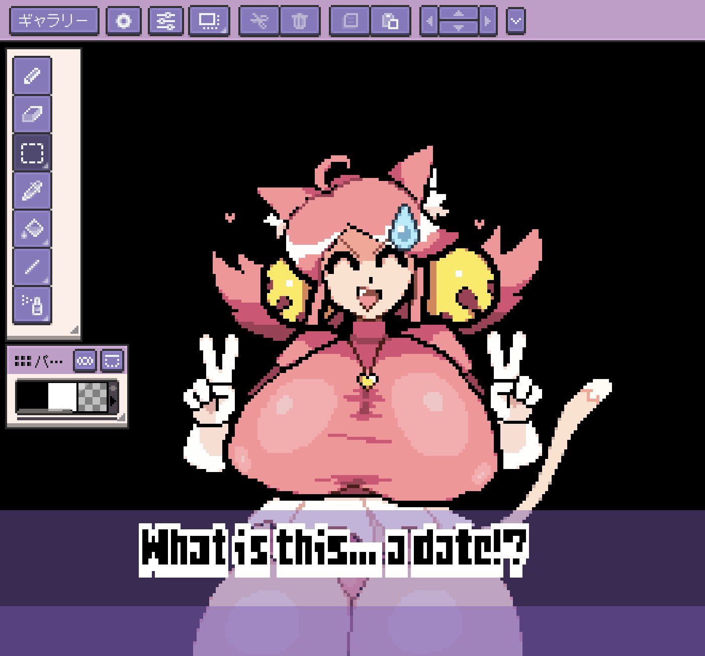 1girls, breasts bigger than head, cat ears, cat tail, catgirl, deltarune, gloves, hearts, hearts around head, huge breasts, huge nipples, mew mew (undertale), microskirt, nipples, nipples visible through clothing, peace sign, pink (deltarune), pixel art, skirt, skirt lift, sweatdrop, text, thick thighs, undertale (series), uun uuni