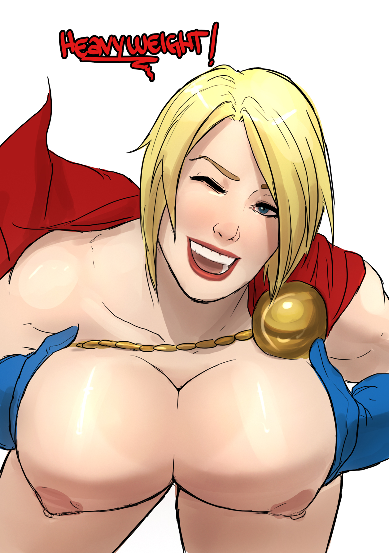 1girls, alien, alien girl, areola, areolae, bending over, big breasts, blonde hair, blue eyes, blue gloves, breasts, cape, dc, dc comics, female, female only, gloves, huge breasts, justice league, justice society, kara zor-l, karen starr, large breasts, naavs, one eye closed, power girl, sci-fi, science fiction, scifi, solo, solo female, superman (series), tanline, text, voluptuous