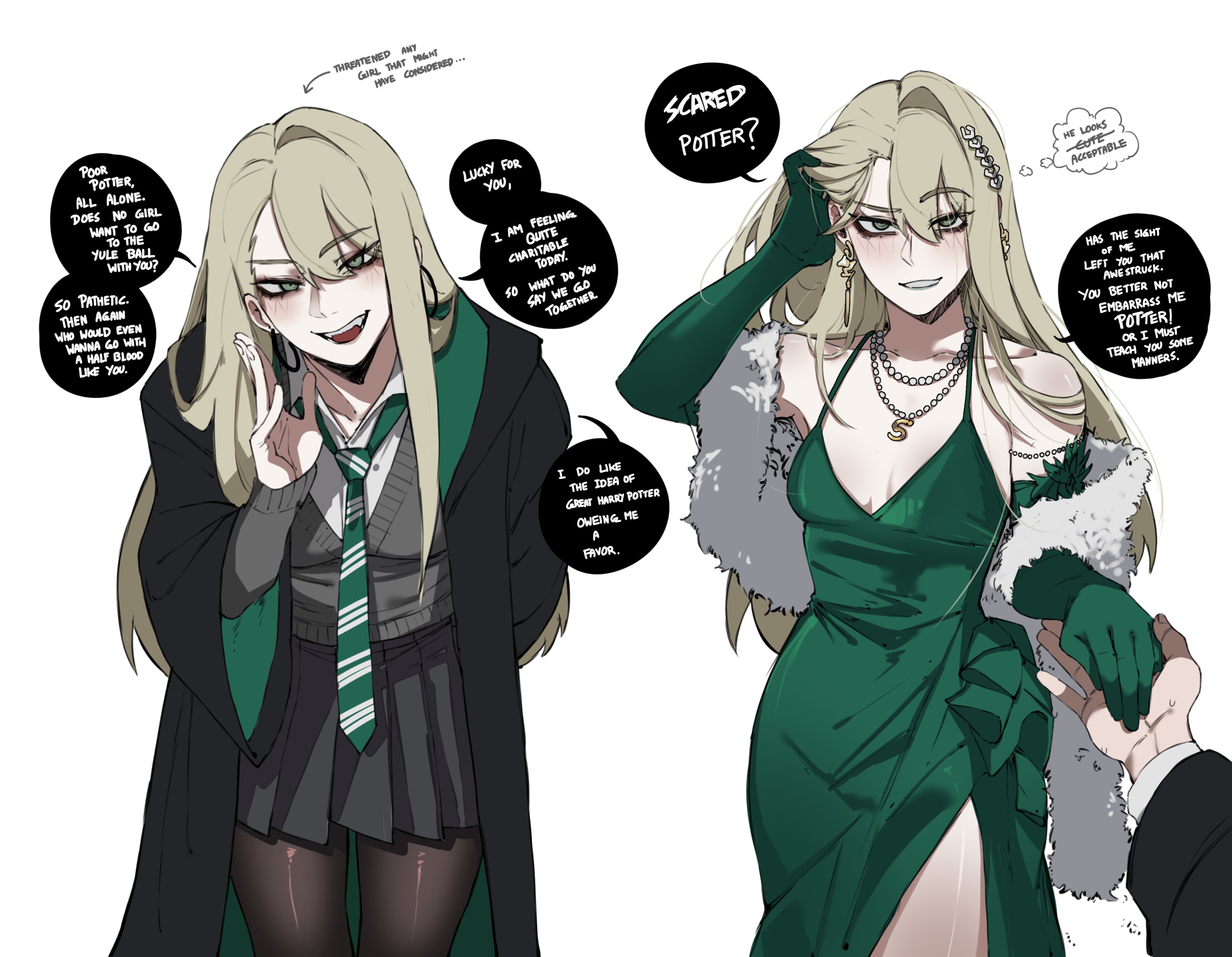 1boy, 1girls, breasts, draco malfoy, draco malfoy (redteneri), female, female focus, genderswap, harry james potter, harry potter, large breasts, light skin, light-skinned female, looking at viewer, masoq095, rule 63, thick thighs, thighs, wide hips