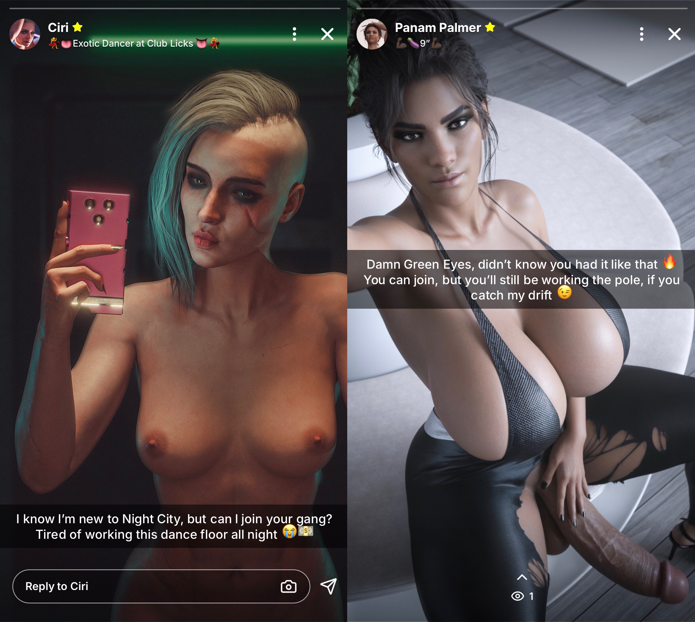 1futa, 3d, alternate hairstyle, black hair, breast size difference, brown eyes, ciri, cleavage, collarbone, crossover, cyberpunk 2077, dark-skinned futa, edit, futa on female, futanari, green eyes, heels, huge breasts, huge cock, imminent penetration, imminent sex, interracial, medium breasts, mirror selfie, nail polish, panam palmer, partially clothed, phone, scar on face, selfie, sharp nails, short hair, snapchat, social media, stripper, the witcher (series), tomoganim, white hair