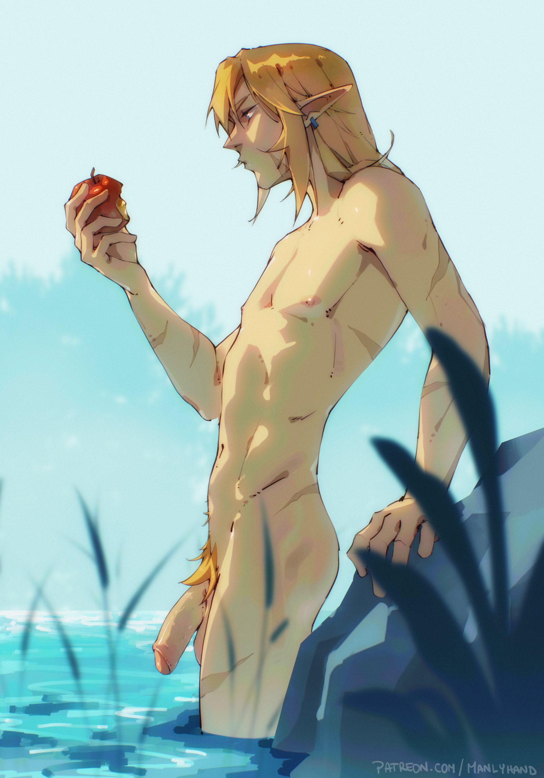 apple, balls, bathing, blonde hair, blonde pubic hair, blue eyes, bush, bushy pubes, completely nude, ear piercing, eating, elf, elf ears, exposed glans, flaccid, flaccid penis, foreskin, gay, glans, hair down, link, long hair, manlyhand, midriff, naked, naked male, navel, nipples, penis, pubic hair, red glans, scar, skinny dipping, skinny male, skinny waist, the legend of zelda, twink, uncircumcised