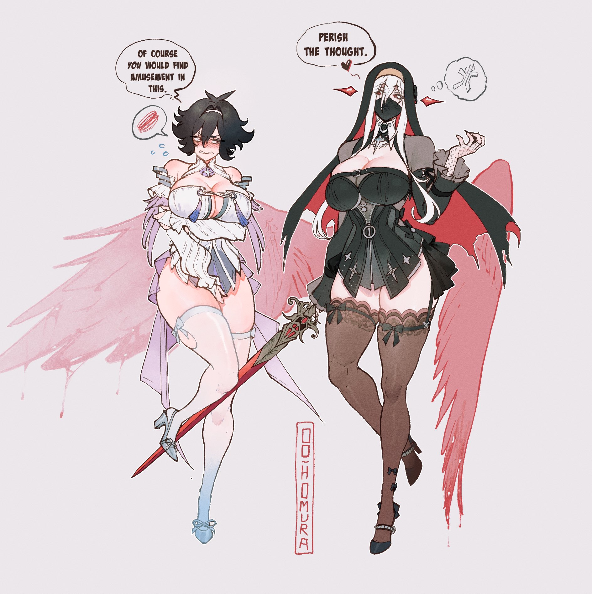 2girls, almonde jagger, black dress, black hair, bloodlight (nyantcha), bloody wings, blush, breasts, brown stockings, brown thighhighs, cleavage, commentary, cosplay, detached sleeves, dress, dual persona, embarrassed, embarrassed female, english text, female, female only, full body, hair intakes, heart, high heels, highres, holding, holding sword, holding weapon, huge breasts, lace, lace trim, lace-trimmed thighhighs, long hair, mask, mature female, microdress, mihoyo, mouth mask, multiple girls, nun headdress, original, pale skin, red eyes, red wings, remielle dan, remielle dan (moonlight whispers), scar, scar across eye, scar on face, see-through clothes, see-through legwear, short hair, shrug (clothing), speech bubble, spoken heart, spoken squiggle, squiggle, stockings, sword, thiccwithaq, thick thighs, thigh high stockings, thighhighs, thighs, time paradox, weapon, white background, white dress, white hair, white stockings, white thighhighs, wide hips, wings, zenless zone zero, zettai ryouiki