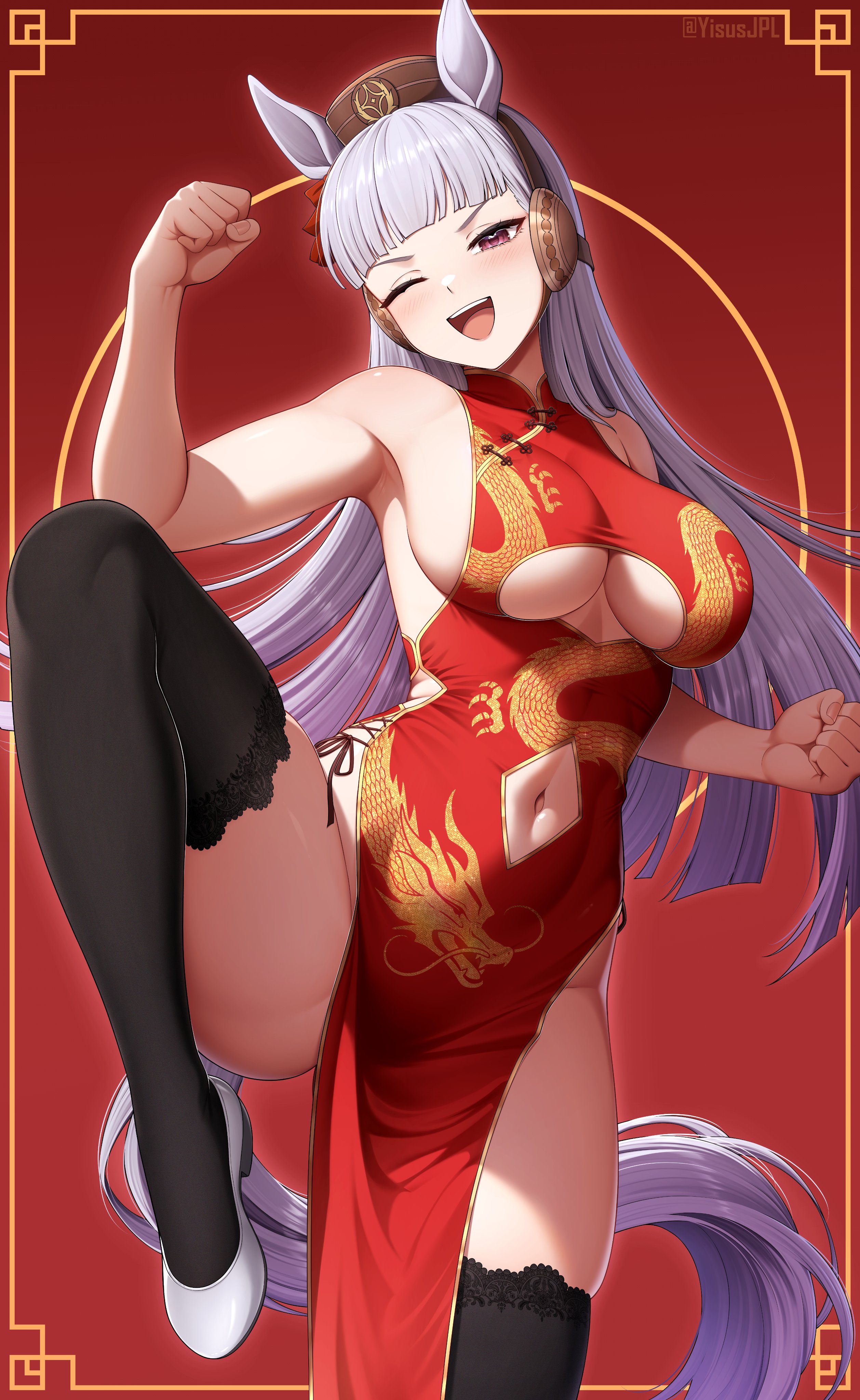 1girl, absurdres, black thighhighs, blush, china dress, chinese clothes, clenched hands, fighting stance, gold ship (umamusume), grey hair, highres, horse ears, horse girl, horse tail, long hair, looking at viewer, one eye closed, open mouth, pillbox hat, purple eyes, sideboob, sleeveless, sleeveless dress, smile, solo, standing on one leg, thick thighs, thighs, umamusume, umamusume pretty derby, underboob, very long hair, yisusjpl