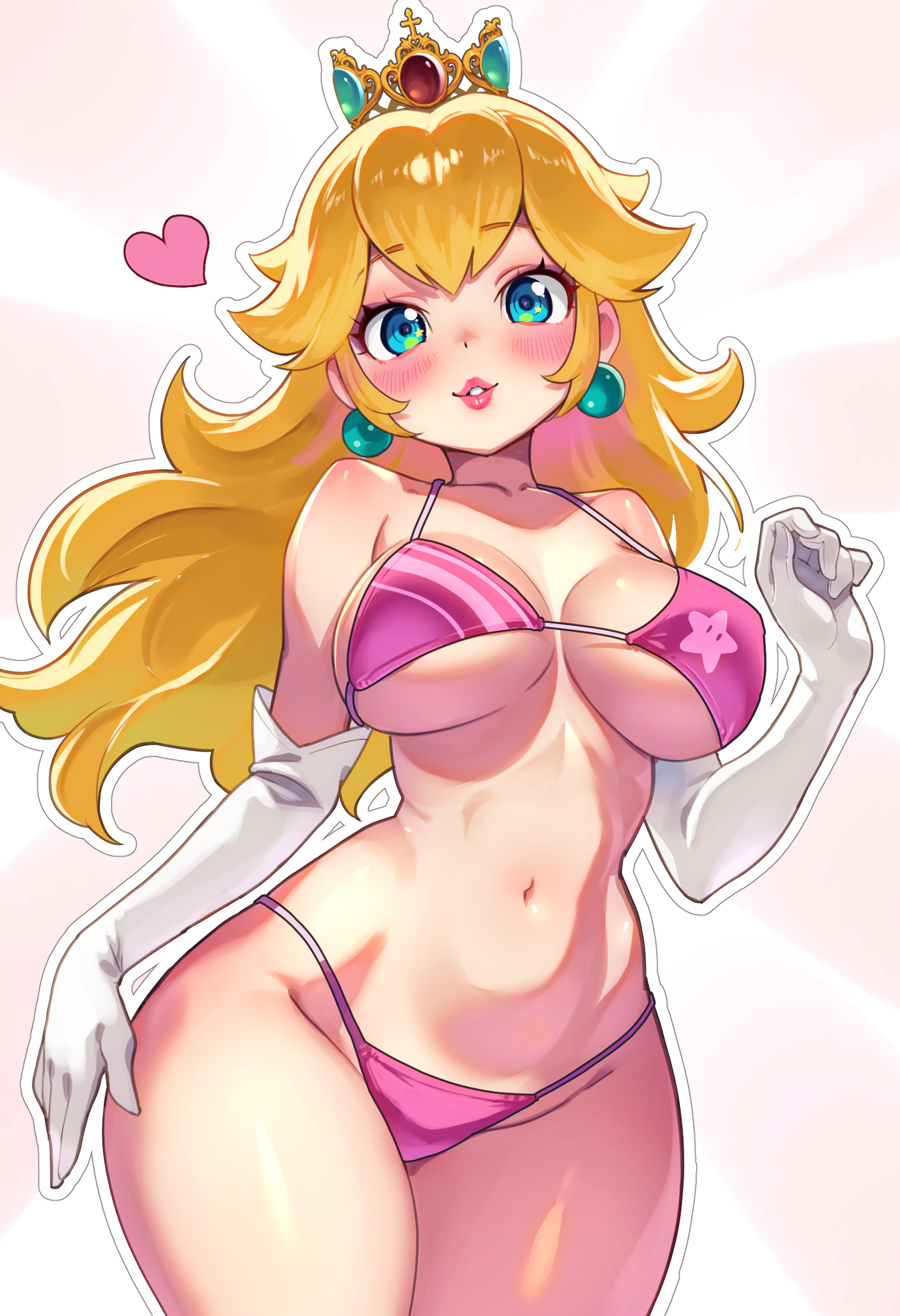 1girls, alternate version available, big breasts, big thighs, bikini, blonde hair, blue eyes, blush, breasts, cleavage, crown, curvy, earrings, elbow gloves, female, female only, gloves, heart, large breasts, life is pi, lips, lipstick, long hair, mario (series), nintendo, pink lipstick, princess peach, princess peach (movie), solo, thighs, wide hips