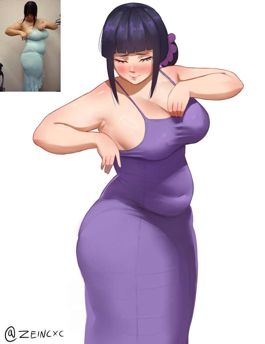 adjusting dress, artist name, ass, belly, belly button visible through clothing, big breasts, breasts, chubby, chubby belly, chubby female, dress, female, female only, hinata hyuuga, hyuuga hinata, large breasts, naruto, naruto (series), naruto shippuden, nipple bulge, purple dress, reference image, side view, sideboob, sleeveless, sleeveless dress, solo, solo female, thick, thick ass, thick hips, thick thighs, tight clothes, tight clothing, tight dress, twitter link, zeincxc
