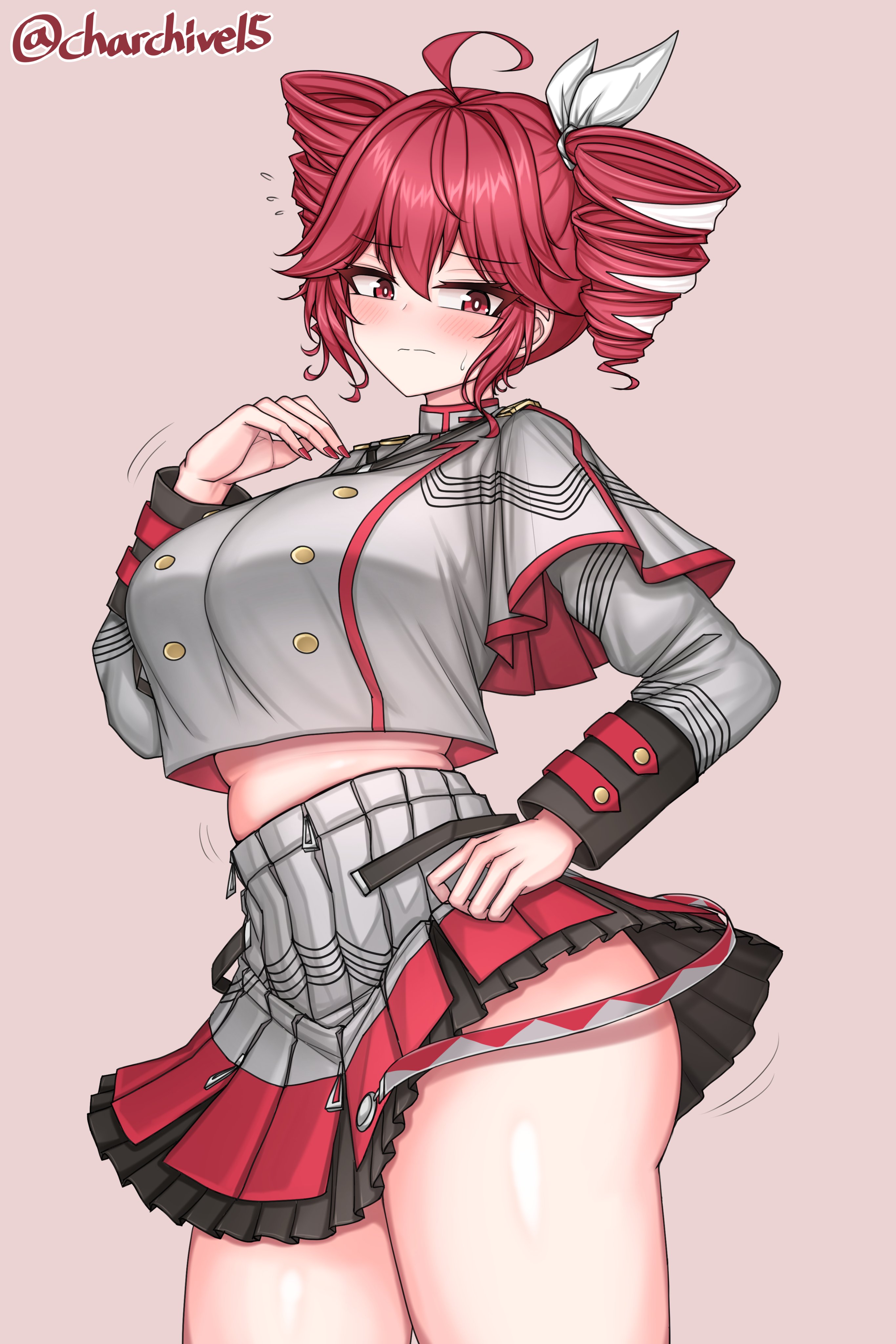 1girl, big ass, blush, grey jacket, grey skirt, kasane teto, kasane teto (utau), large breasts, red eyes, red hair, showing ass, shy, skirt, slim waist, solo, thick thighs, twindrills, utau