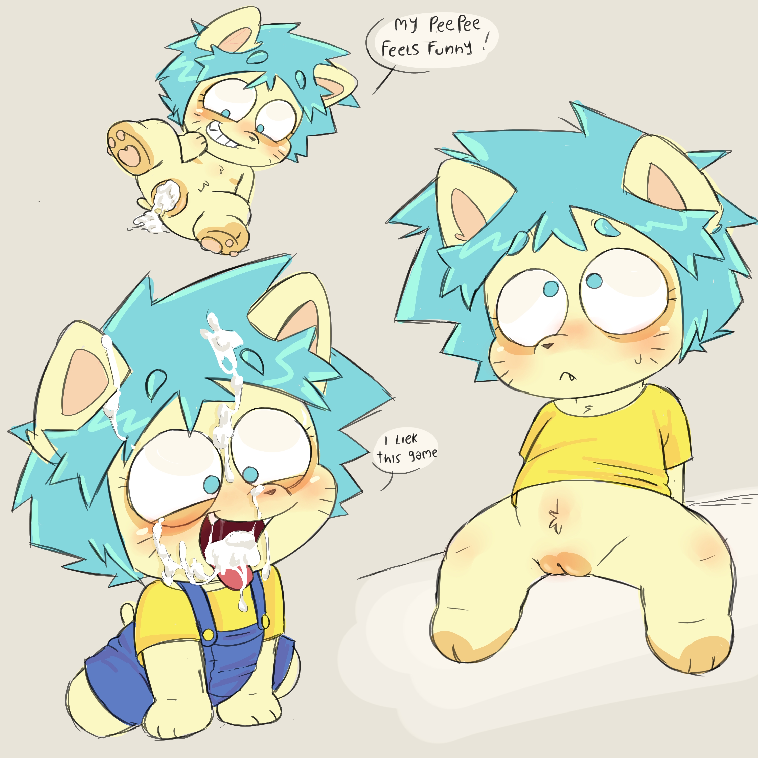 1girls, anthro, blushing, cat, cat girl, cat humanoid, creampie, cub, cum, cum in mouth, cum in pussy, cumm, cyan hair, english text, feline, female, female only, flat chested, furry, furry female, innocent, innocent expression, kneeling, looking at own genitalia, oc, original, original character, overalls, pussy, semen in vagina, semen on face, short hair, sitting, solo female, spread legs, text, thick eyebrows, tongue, topwear, two-tone fur