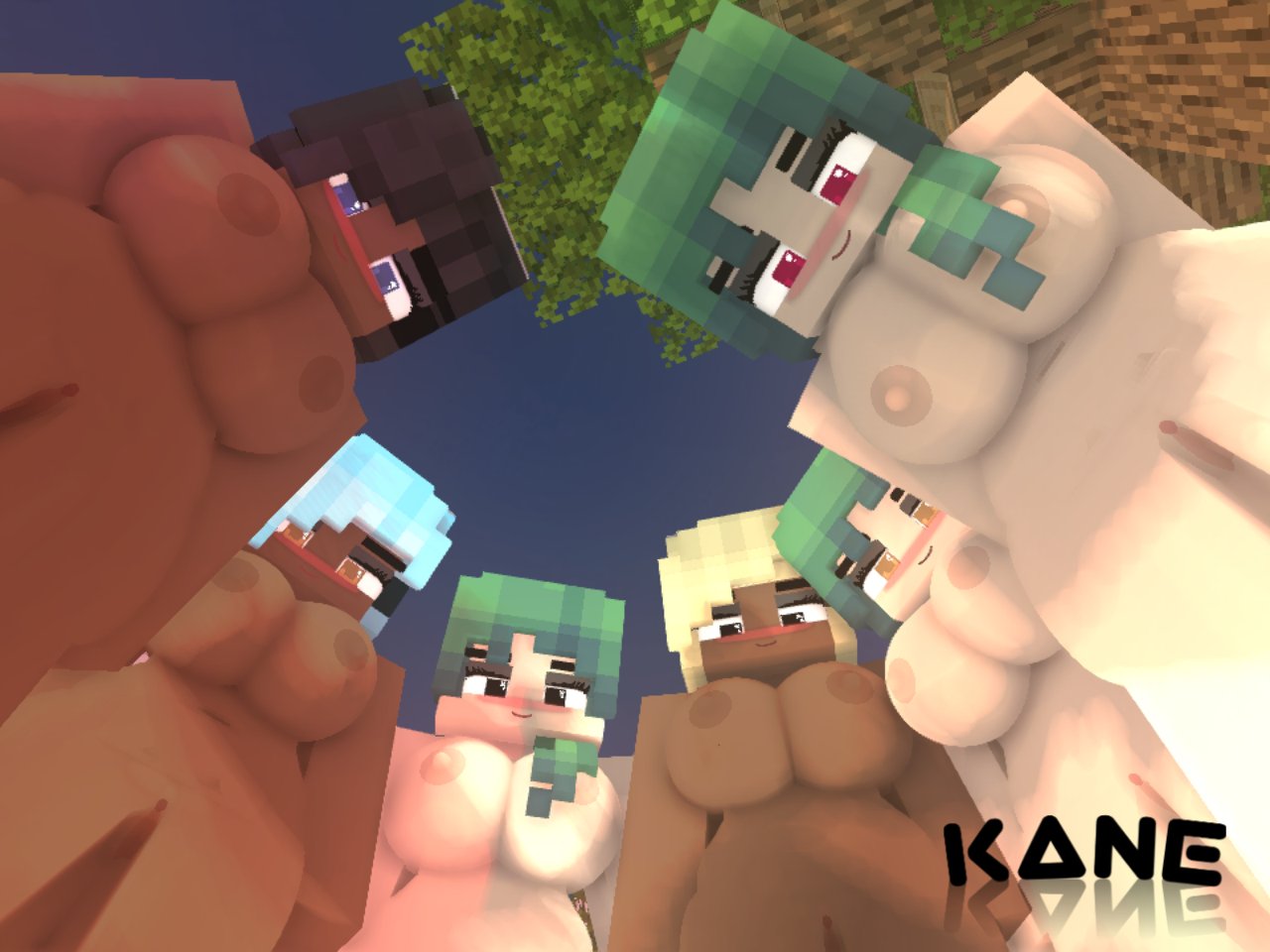 1boy 3d 6girls big_breasts comic erect_nipples forest green_hair horny_female human_male kaneefox looking_at_viewer mine-imator minecraft night nude_female outside smile tagme wet_pussy you zombie_girl zombie_girl_(kaneefox)