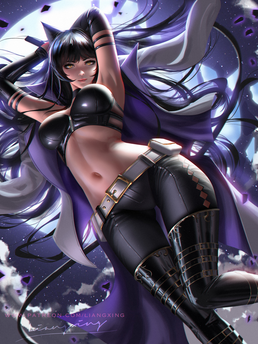 1girls, big breasts, blake belladonna, boots, breasts, cleavage, female, female only, large breasts, liang xing, looking at viewer, rwby, solo
