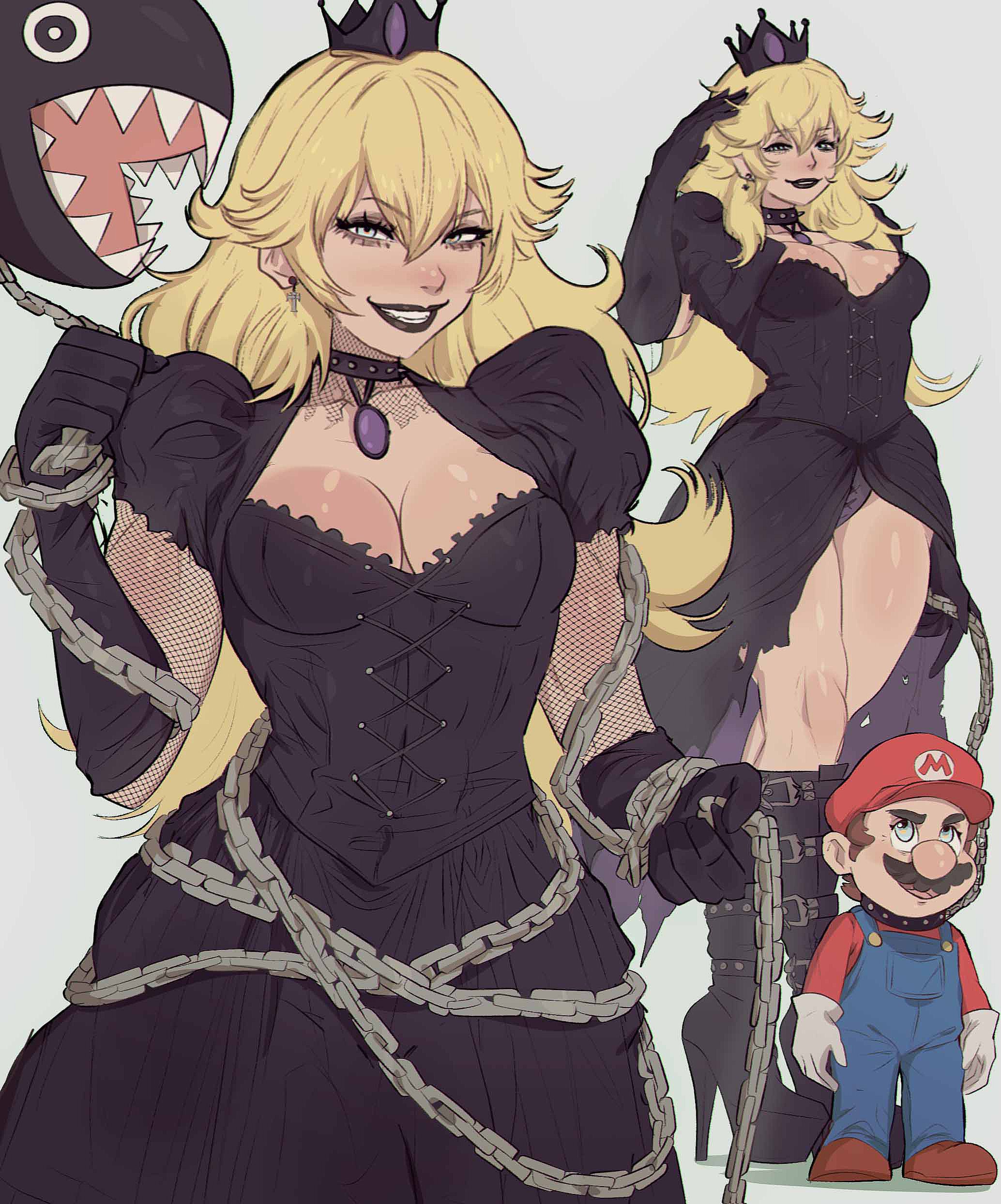 big breasts, boots, breasts, chain chomp, cleavage, female, goth, high heel boots, high heels, huge breasts, mario, mario (series), princess peach, thick thighs, wide hips, yoracrab