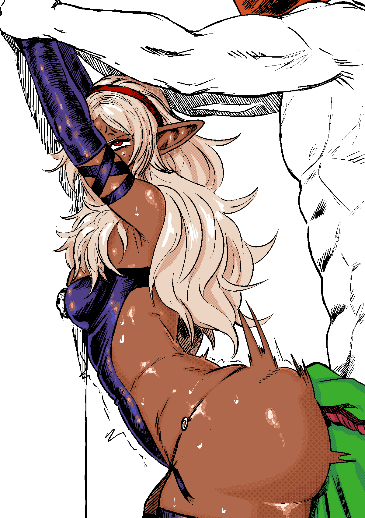 1boy 1girls breasts curvy dark-skinned_female dark_elf dark_skin elbow_gloves elf elf-san_wa_yaserarenai elf_ears fat_ass female gutsbro14 humanoid implied_sex kuroeda long_hair manhandling pointy_ears thick_thighs white_hair wide_hips