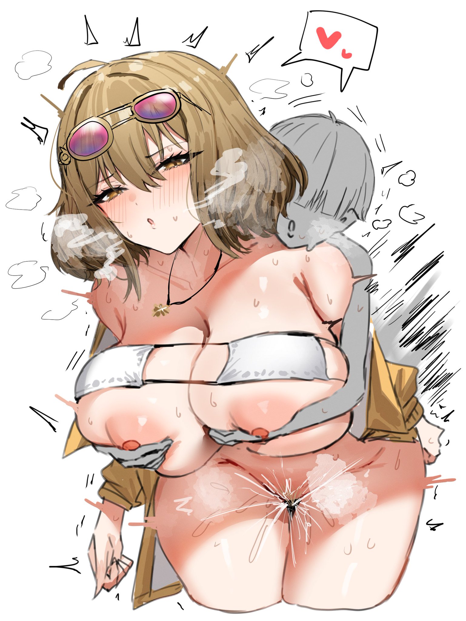 1boy, 1girls, ambiguous penetration, anis (nikke), anonymous character, areolae, big breasts, big thighs, bikini, bodily fluids, breasts, female, goddess of victory: nikke, grabbing breasts, groping, groping breasts, horn/wood, male, motion lines, mounting, necklace, orgasm, shorter male, smaller male, steam, steaming body, steamy breath, sunglasses, sunglasses on head, younger male