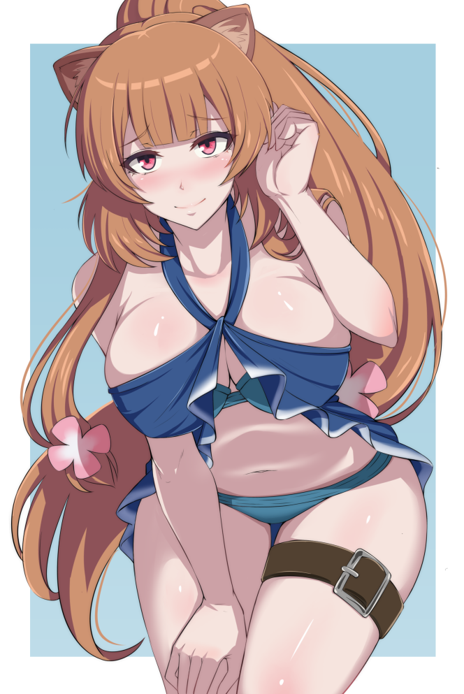 1girls, alternate costume, animal ears, bikini, blush, breasts, female, female only, large breasts, long hair, looking at viewer, navel, orange hair, raphtalia, simple background, smile, solo, swimsuit, tate no yuusha no nariagari