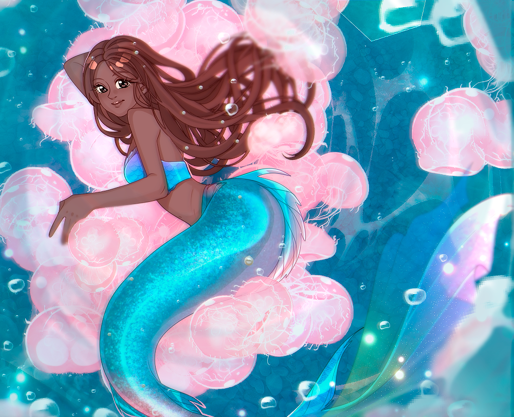 ariel_(halle_bailey) black_hair blue_eyes blue_tail breasts cogamori dark-skinned_female dark_body dark_skin disney female hair jewelry long_hair medium_breasts mermaid_tail necklace necklace_only not_furry nude solo split_form the_little_mermaid_(2023)