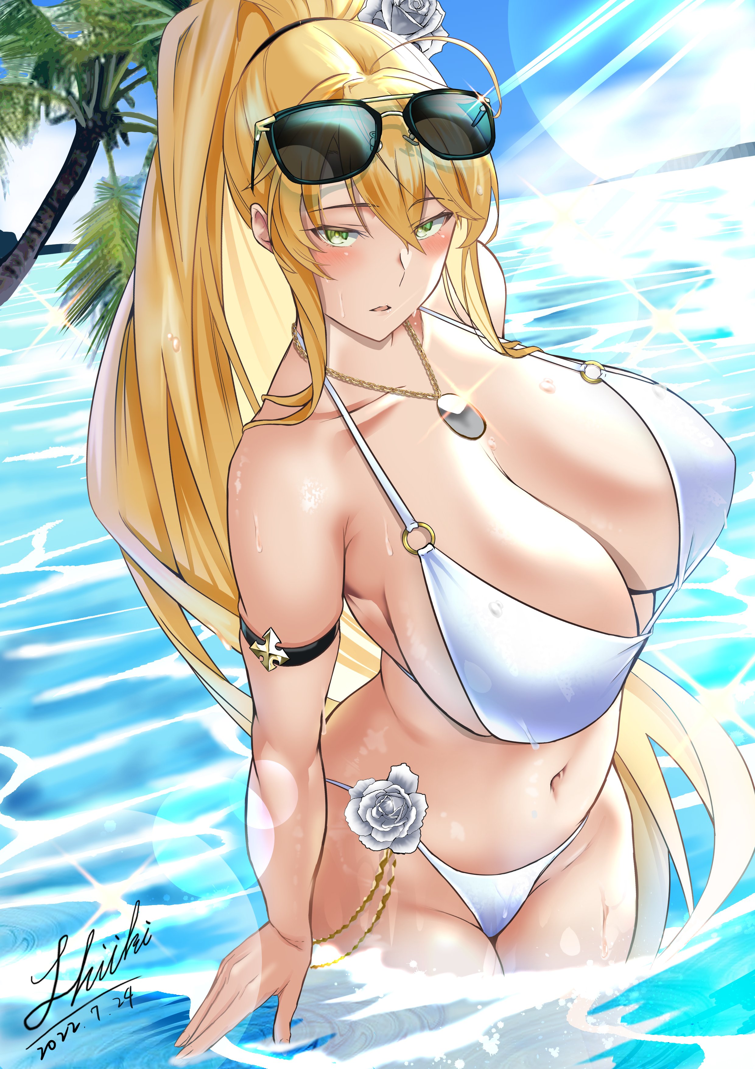artoria pendragon, artoria pendragon (lancer), beach, big breasts, bikini, blonde hair, breasts, cleavage, fate (series), fate/grand order, female, female focus, female only, green eyes, huge breasts, long hair, ponytail, sunglasses, sunglasses on head, thick thighs, water, white bikini, wide hips, yellow hair