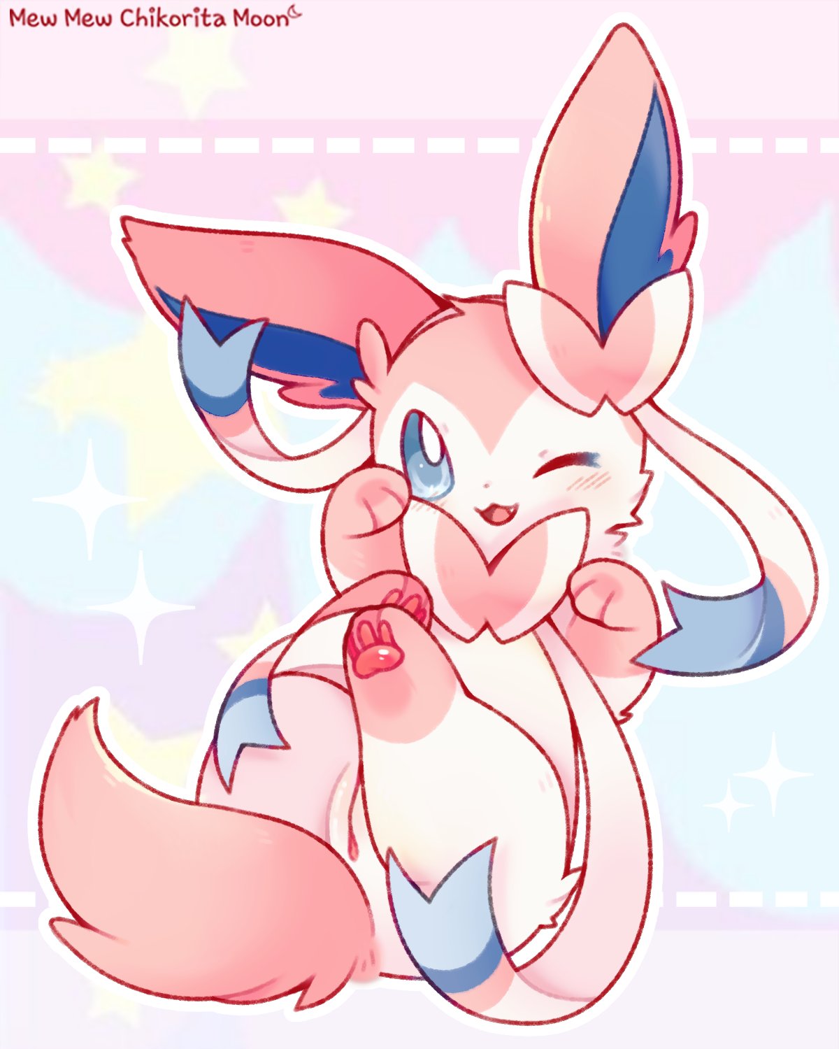 2019 blush chikorita_moon cute_fang ears_outwards eeveelution female fluffy fluffy_ears fur hi_res nintendo one_eye_closed open_mouth paws pink_fur pokemon pokemon_(species) pussy smile sylveon video_games