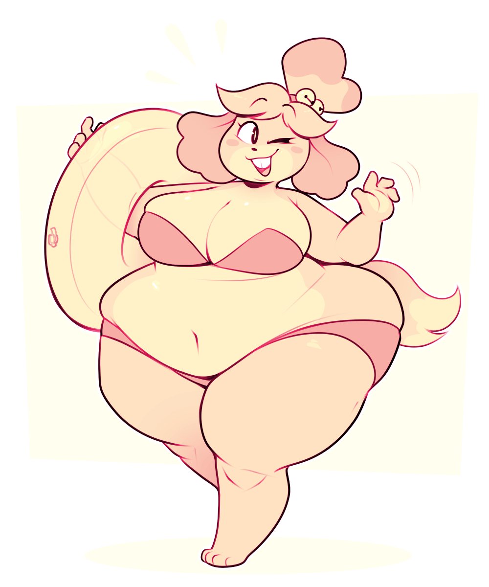 animal_crossing_new_leaf anthro breasts_bigger_than_head buckteeth fat furry huge_ass huge_belly isabelle_(animal_crossing) massive_ass ridiculouscake spilling_out swimsuit thick_ass thick_thighs waving wide_hips wink yellow_fur