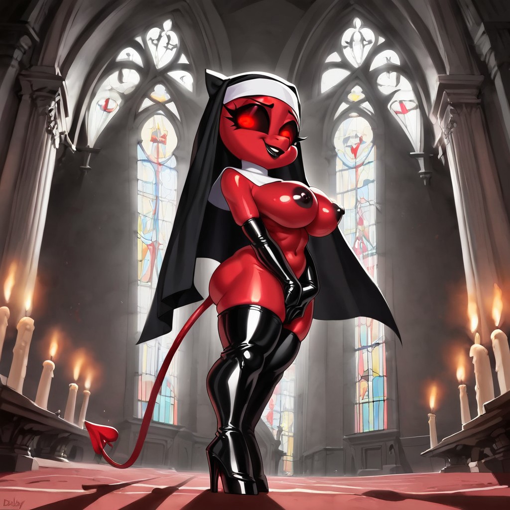 1girls ai_generated church church_interior demon_girl female high_heels imp latex nun_habit shortstack