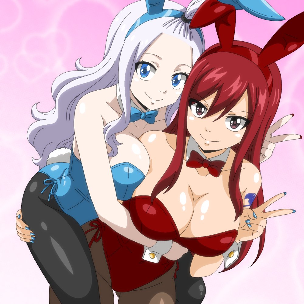 2girls, arm tattoo, big breasts, blue eyes, blue nails, blue tattoo, bowtie, bowtie collar, breasts, brown eyes, bunny ears, bunny girl, bunny tail, bunnysuit, cleavage, collar, collarbone, cuffs (clothing), erza scarlet, fairy tail, fairy tail mark, female, glistening, glistening breasts, hair up, hand on thigh, hugging from behind, large breasts, leotard, long hair, looking at viewer, mirajane strauss, nail polish, painted nails, pantyhose, peace sign, pink background, red eyes, red hair, red nails, red-haired female, short ponytail, side-tie leotard, smile, tattoo, tattooed arm, thick thighs, thin waist, trenganfinn29, v sign, white hair, white-haired female, wide hips