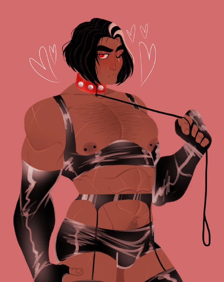 1boy black_hair bondage bulge chest_hair cookie_run dark_choco_cookie fingerless_gloves gross_piggy heart leash looking_at_viewer male malesub muscular pierced_nipples pubic_hair red_eyes scar spiked_collar submissive_male wink