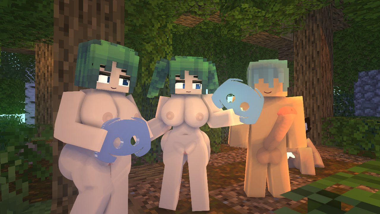 1boy 2girls 3d aimee_(kaneefox) big_breasts big_penis blue_eyes carol_(kaneefox) discord_logo erect_nipples erect_penis green_hair horny_female human_male kane_(kanefox) kaneefox mine-imator minecraft nude_female nude_male outside penis smile tagme wet_pussy zombie_girl