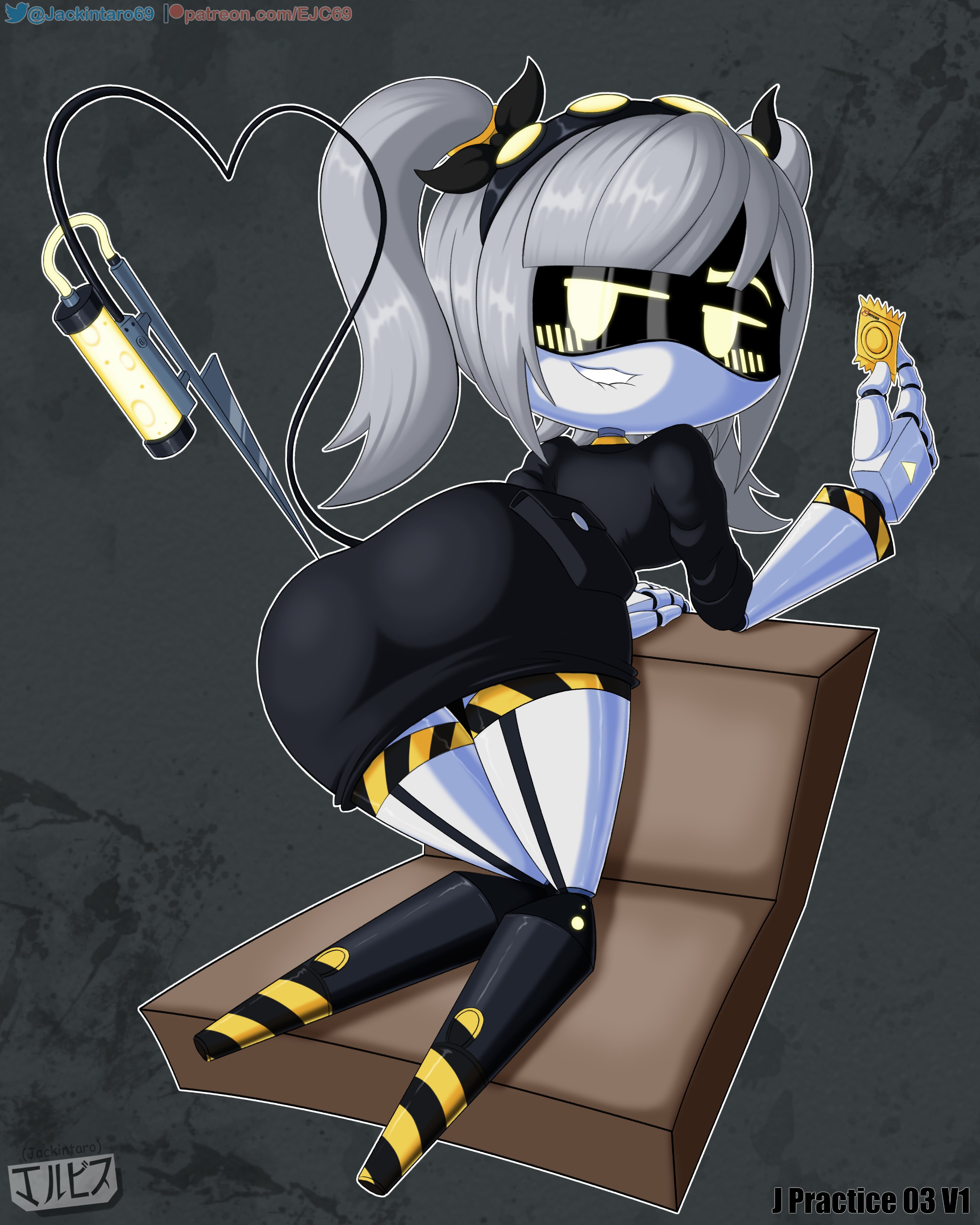 ass, ass focus, biting lip, blush, clothed, condom, digital media (artwork), disassembly drone, fanart, female, female only, glitch productions, grey hair, j (murder drones), jackintaro, looking at viewer, looking back, murder drones, ribbons, robot, robot girl, simple background, tail, twintails, yellow eyes