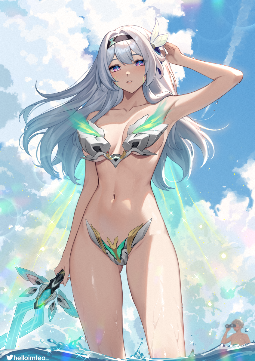 1boy 1girls arm_up armor armpits bare_shoulders bikini bikini_armor binoculars black_hairband blue_pupils blue_sky breasts caelus_(honkai:_star_rail) cleavage cloud collarbone commentary_request day firefly_(honkai:_star_rail) grey_hair groin hair_intakes hair_ornament hairband helloimtea highres holding holding_binoculars holding_sword holding_weapon honkai:_star_rail honkai_(series) lens_flare long_hair looking_at_viewer medium_breasts navel ocean outdoors paid_reward_available parted_lips partial_commentary purple_eyes sky stomach strapless strapless_bikini swimsuit sword thighs trailblazer_(honkai:_star_rail) two-tone_eyes wading water weapon