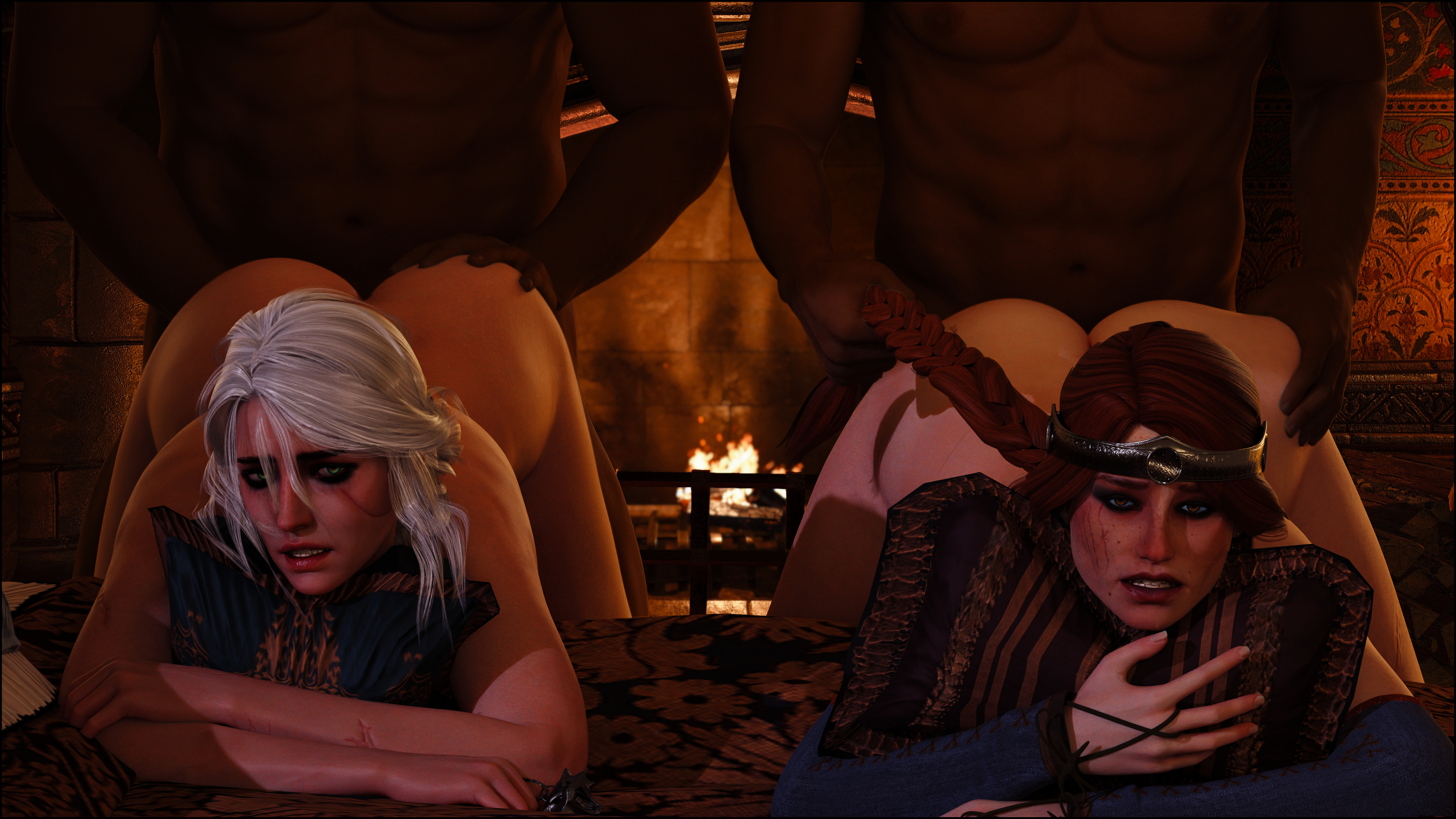 2boys, 2girls, 3d, ass, cerys an craite, ciri, dark skin, dark-skinned male, female, from behind, green eyes, hair pull, hand on ass, hand on butt, interracial, male, red hair, rough sex, the witcher (series), tomoganim, white hair
