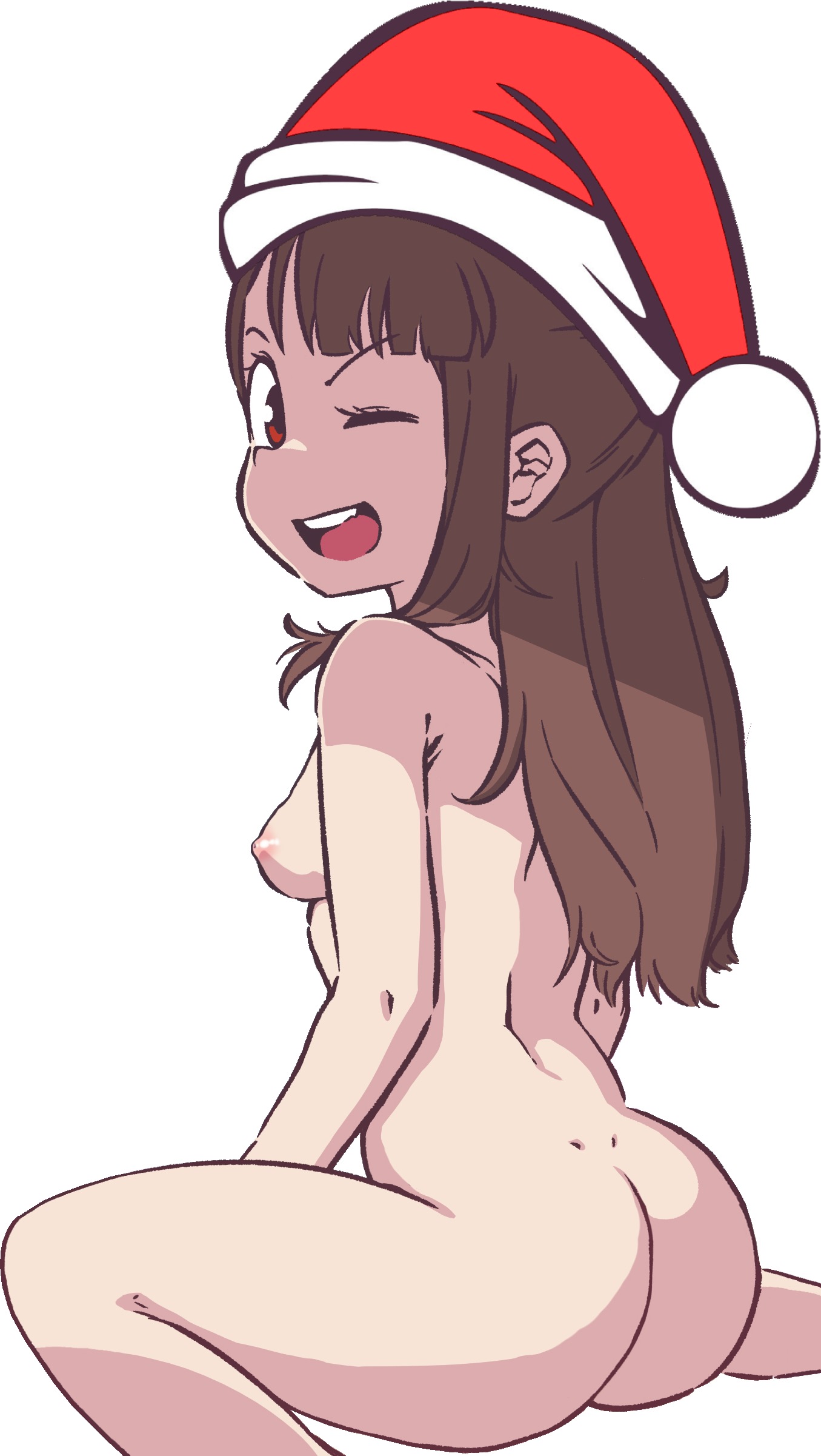1girls, ass, atsuko kagari, blinking, breasts, brown hair, christmas, christmas hat, female, female only, huge ass, little witch academia, long hair, looking at viewer, looking back, nude, orenji, sideboob, sitting, small breasts, smile, solo, wink